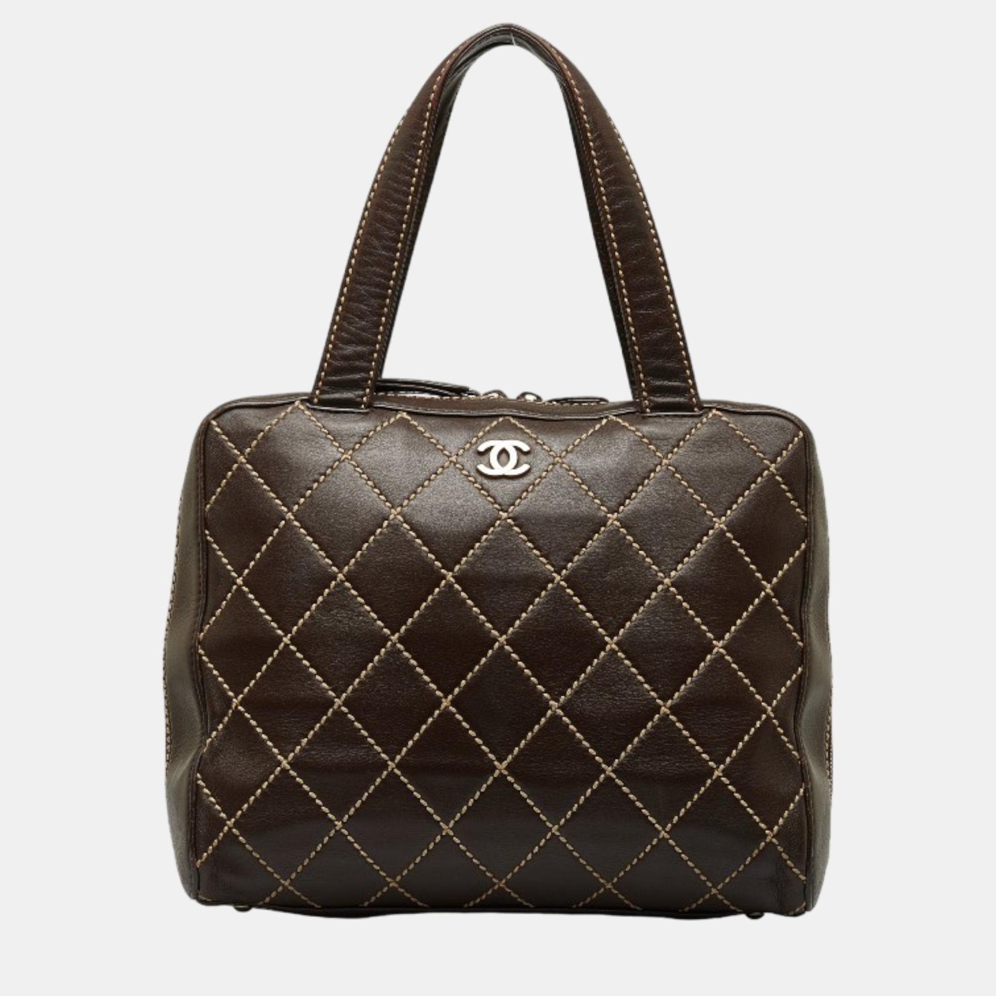 Pre-owned Chanel Brown Leather Wild Stitch Boston Bag