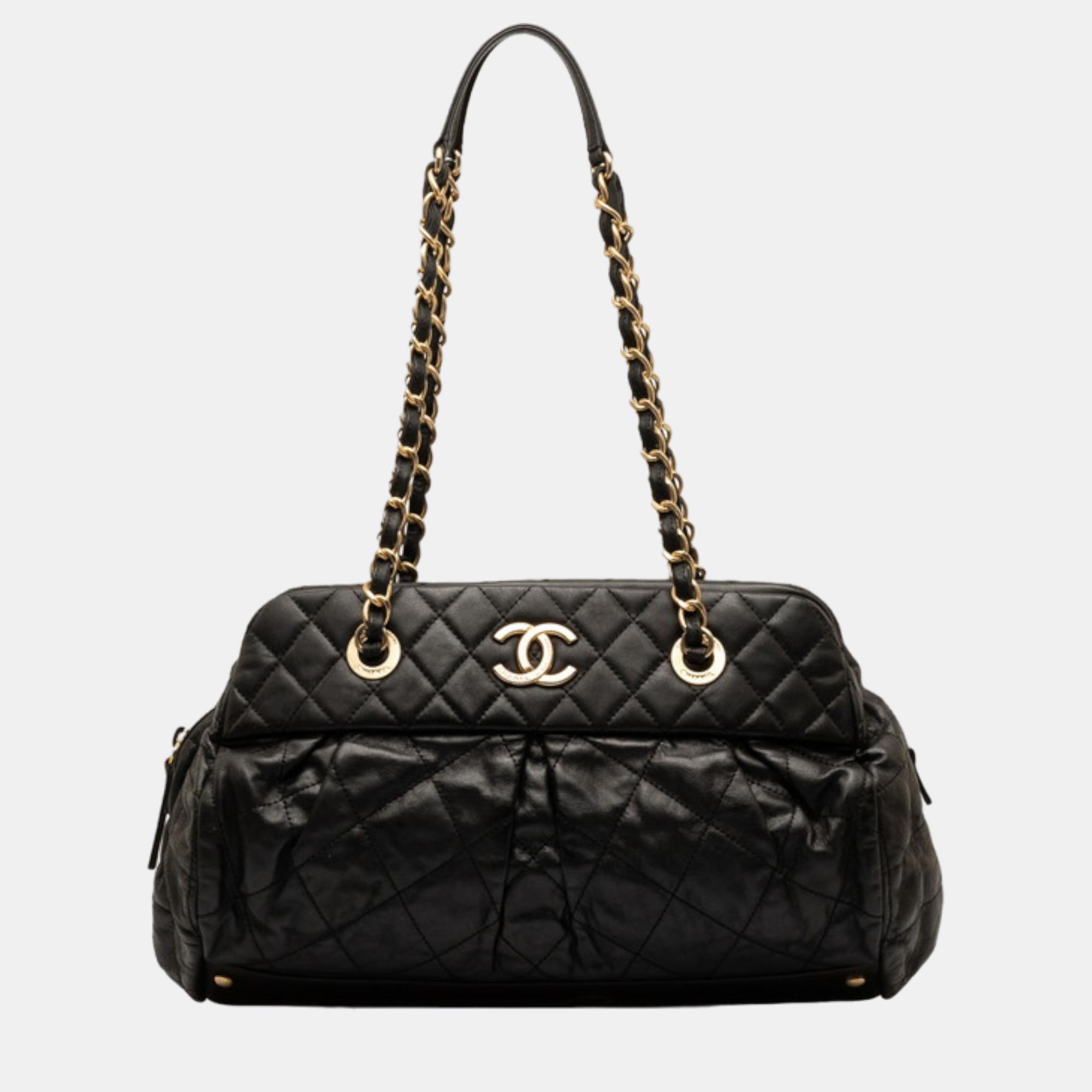 

Chanel Black Leather CC Quilted Bowling Chain Bag