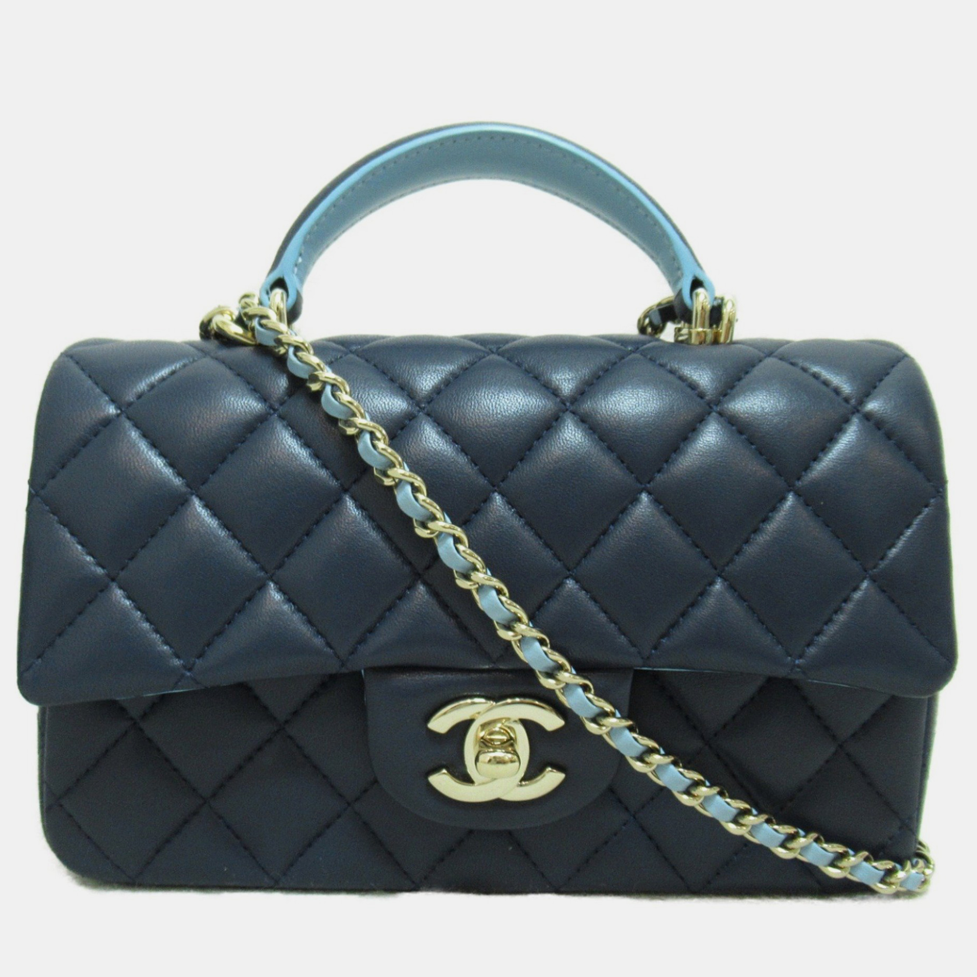 

Chanel Navy Blue Quilted Lambskin Mini Flap Bag with Top Handle