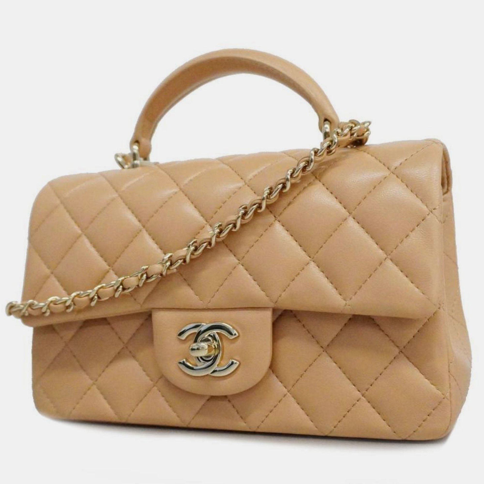 

Chanel Beige Lambskin Leather Flap Bag with Top Handle