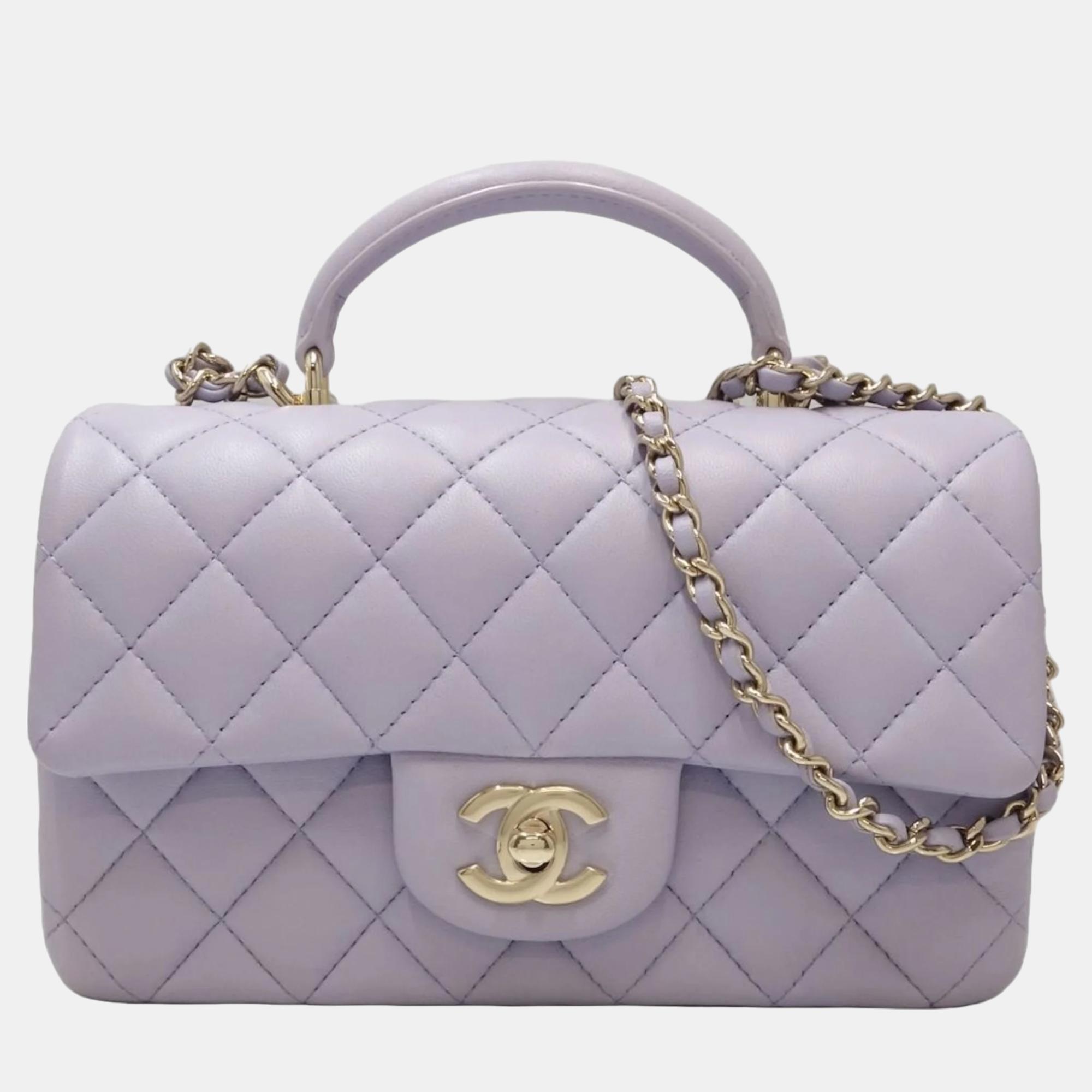 

Chanel Black Quilted Lambskin Mini Classic Single Flap Top Handle Bag, Purple