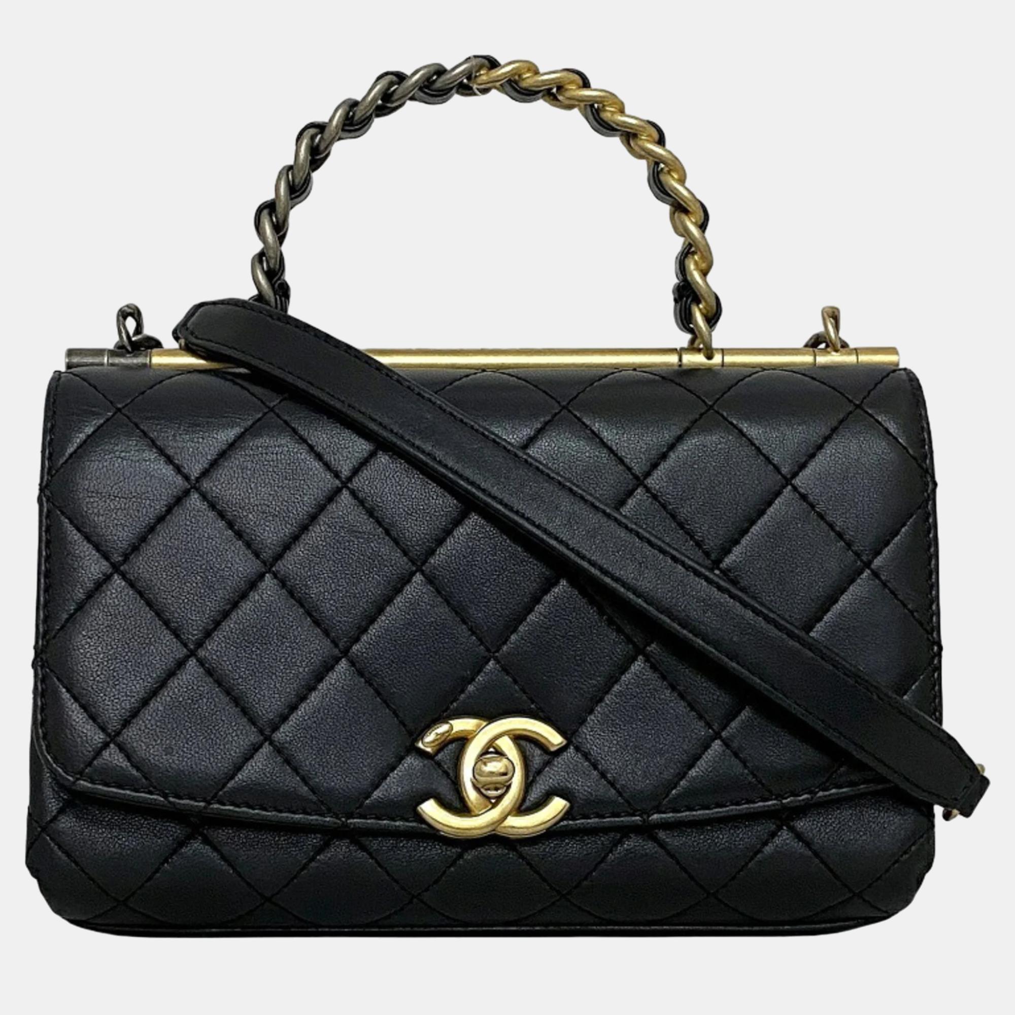 Pre-owned Chanel Black Quilted Lambskin Leather Small Classic Top Handle Flap Bag