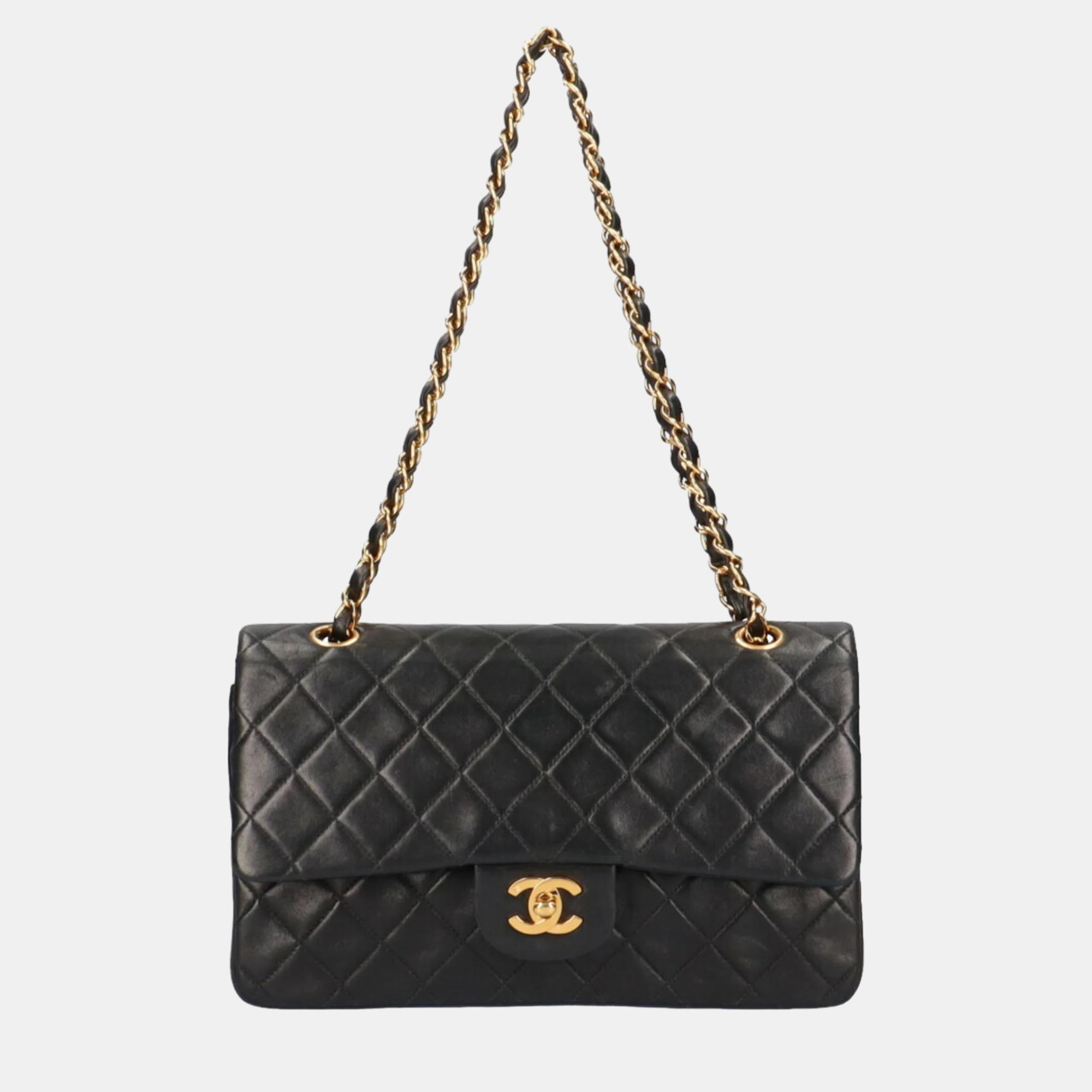 Pre-owned Chanel Lambskin Leather Large Classic Double Flap Shoulder Bags In Black