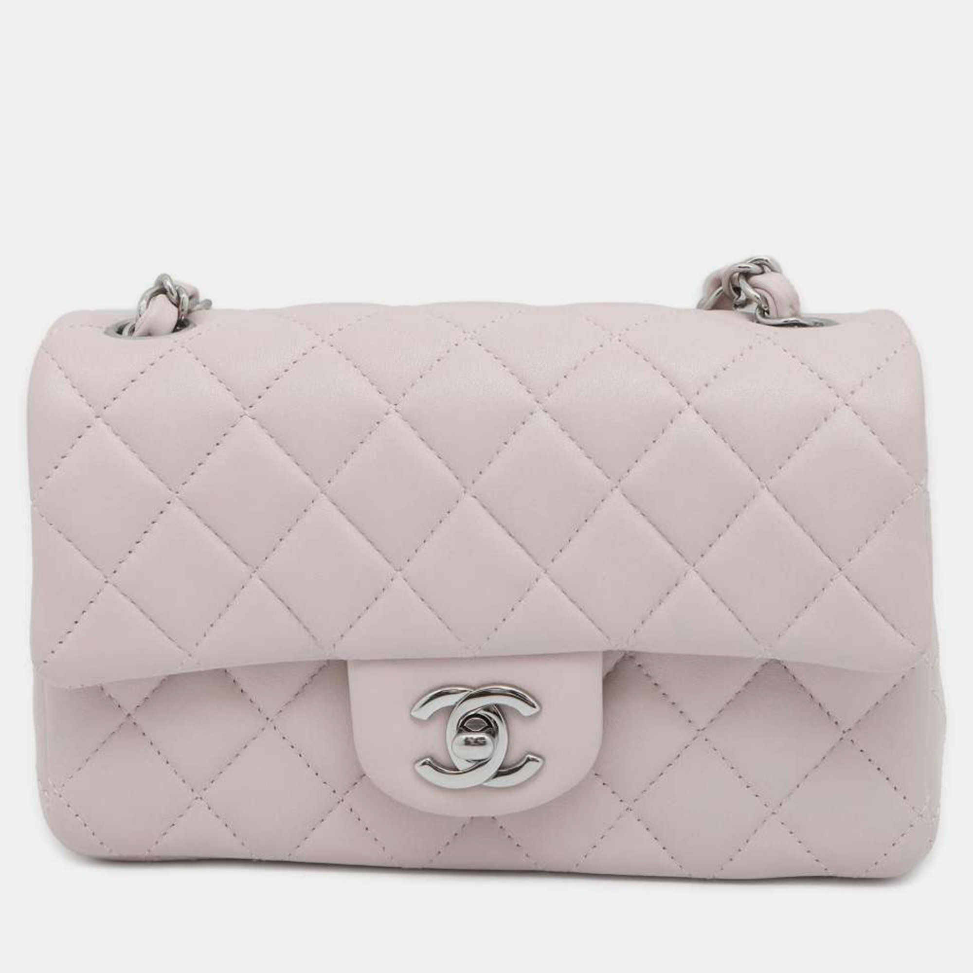 Pre-owned Chanel Pink Lambskin Mini Flap Bag In White