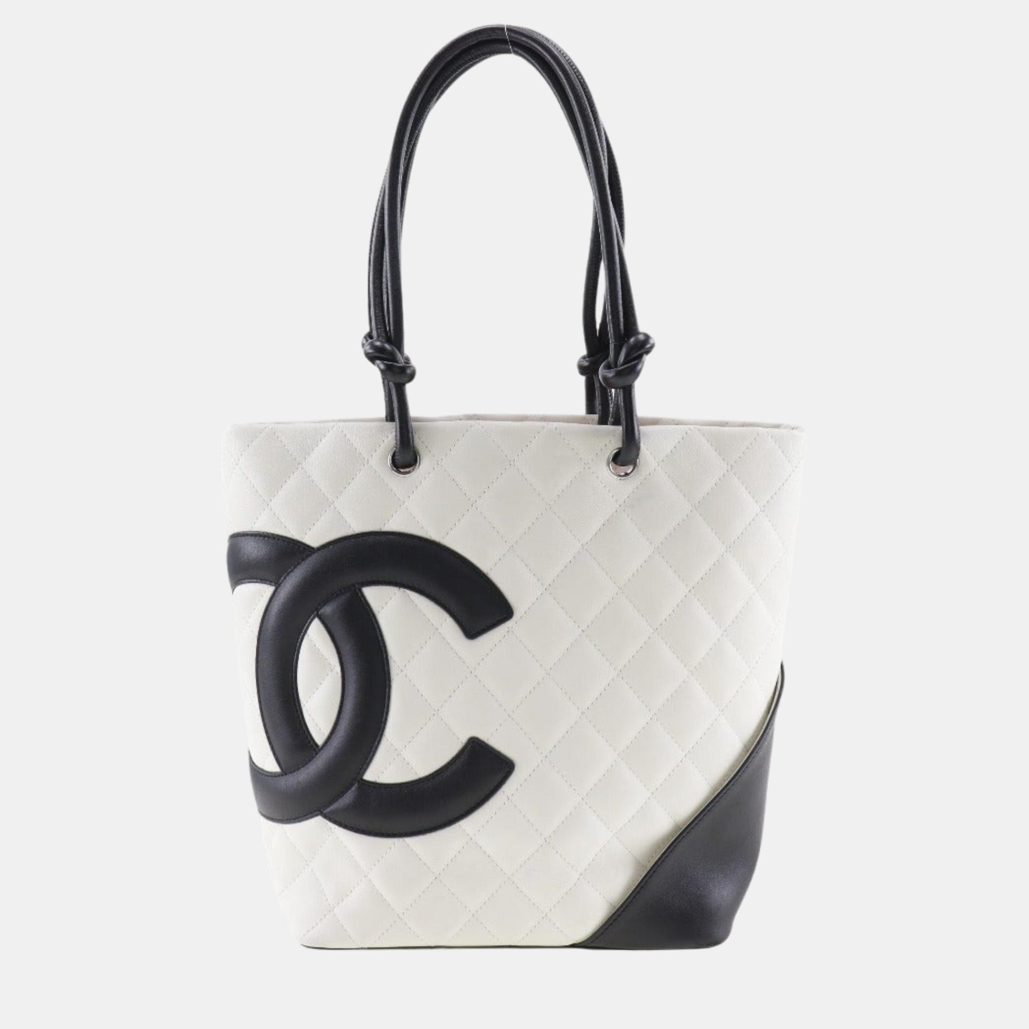 

Chanel White Leather Cambon line tote Bag