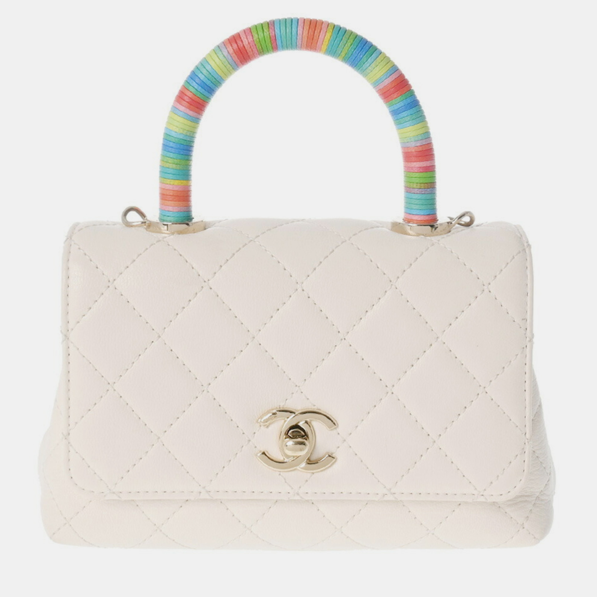 Pre-owned Chanel White Quilted Lambskin Mini Rainbow Coco Top Handle Bag