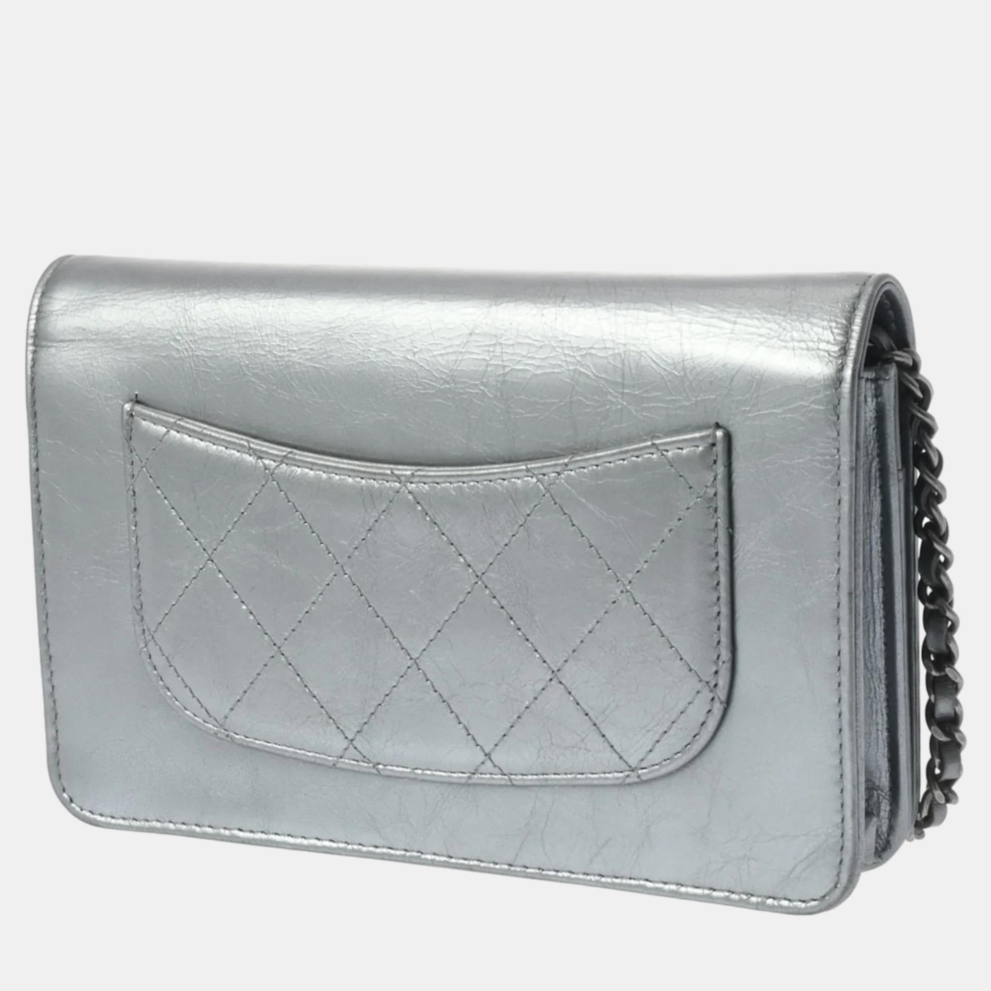 Chanel Silver Leather Written In Chain Wallet On Chain 