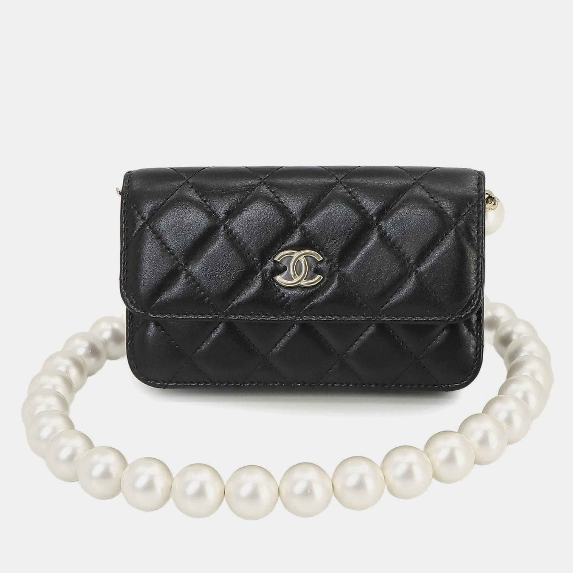 

Chanel Black Quilted Calfskin Pearl Strap Clutch with Chain