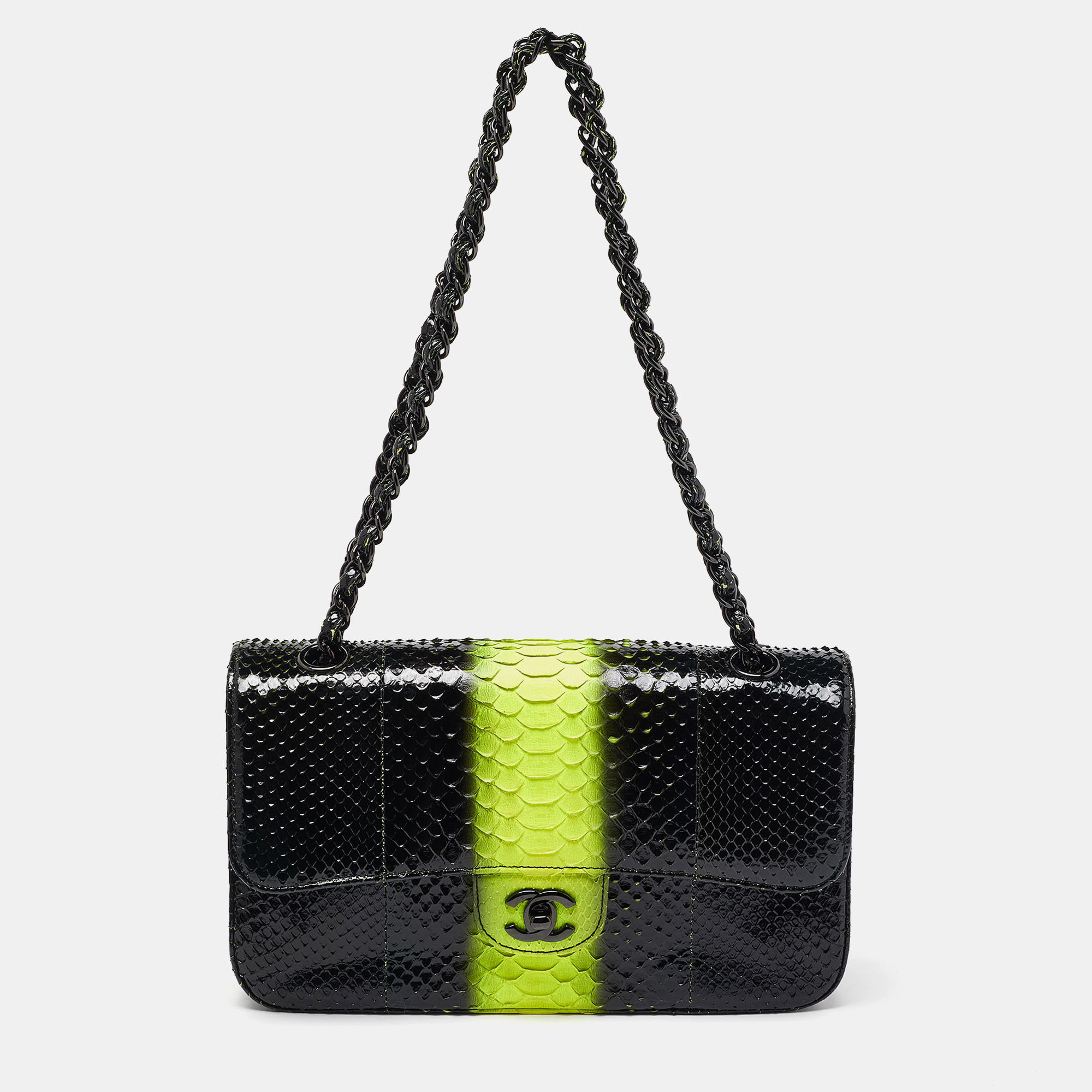 

Chanel Black/Green Python Medium Classic Double Flap Bag