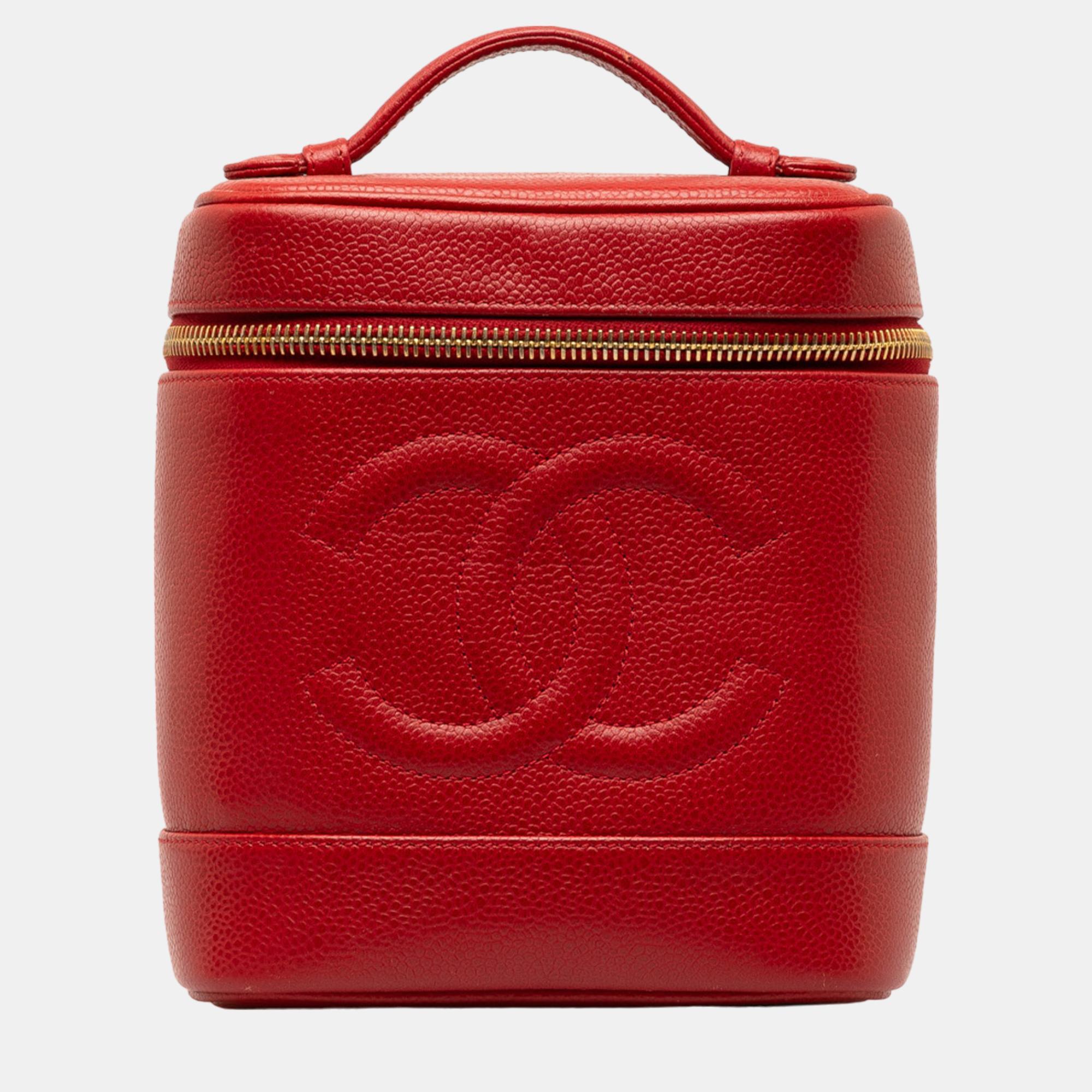 Pre-owned Chanel Red Cc Caviar Vanity Case