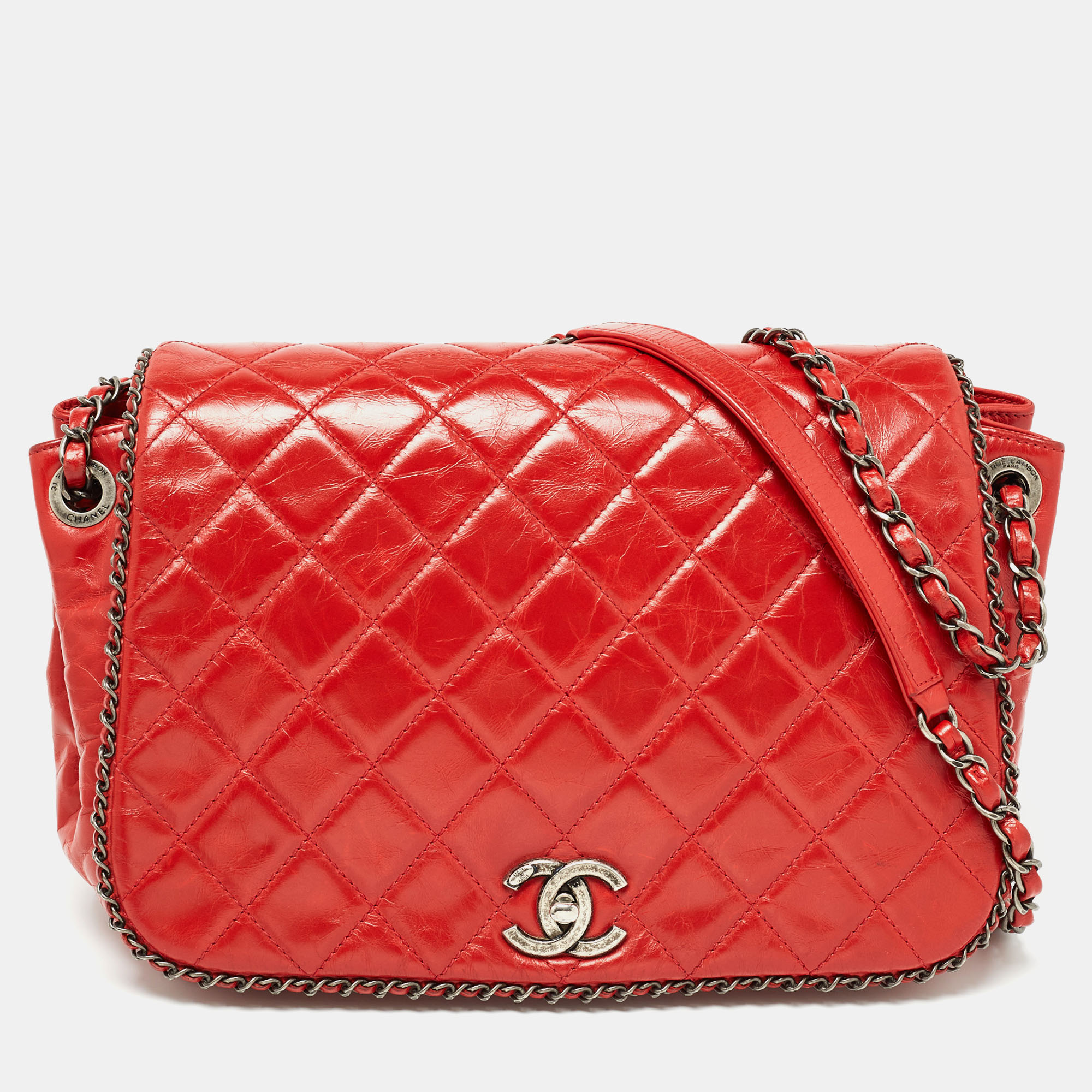Pre-owned Chanel Red Quilted Aged Leather Chain Around Accordion Flap Bag
