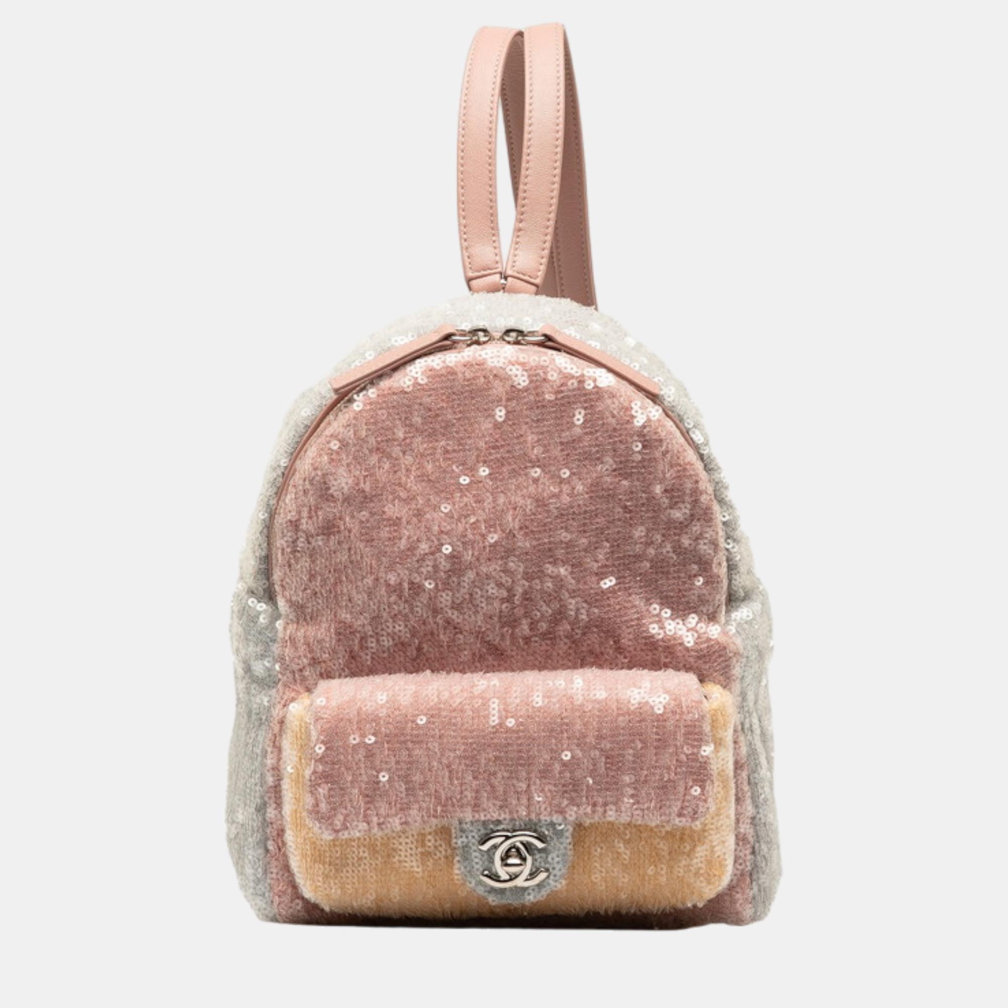 Pre-owned Chanel Pink Leather Waterfall Sequin Mini Backpack