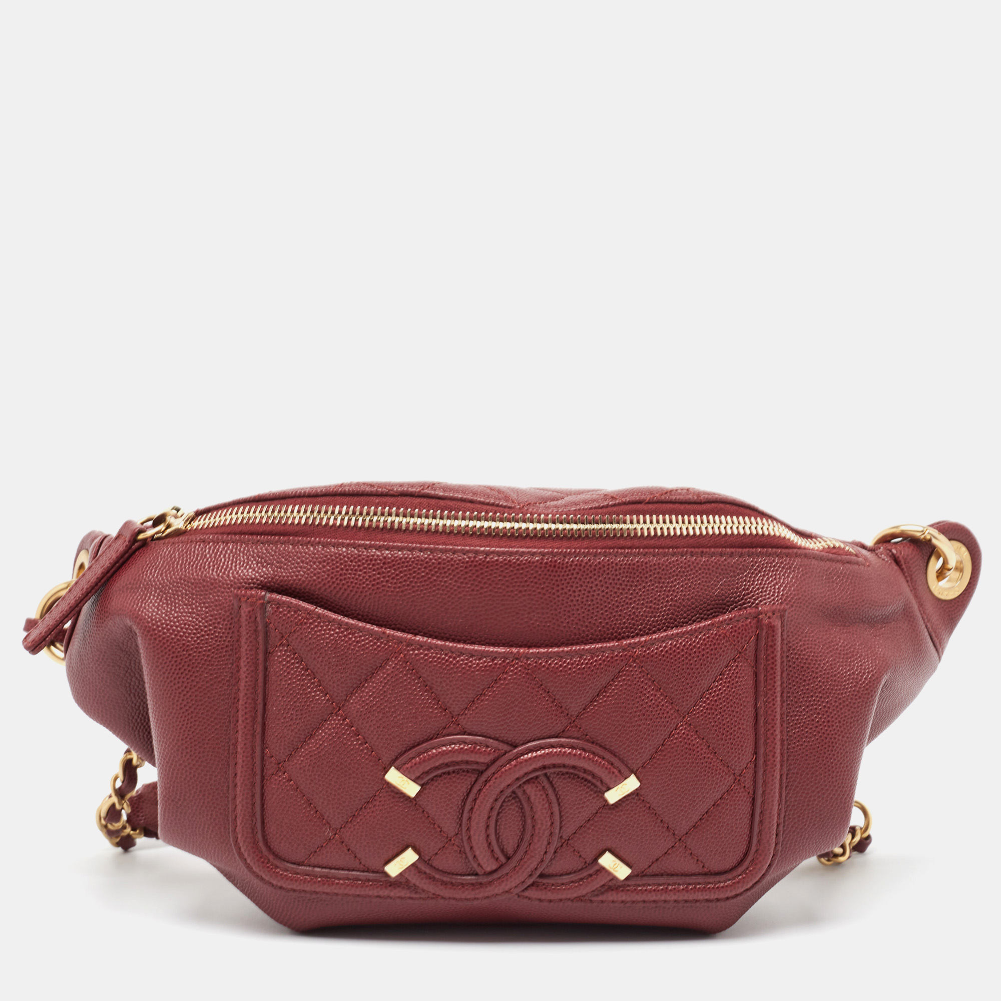 

Chanel Red Quilted Caviar Leather Filigree Belt Bag