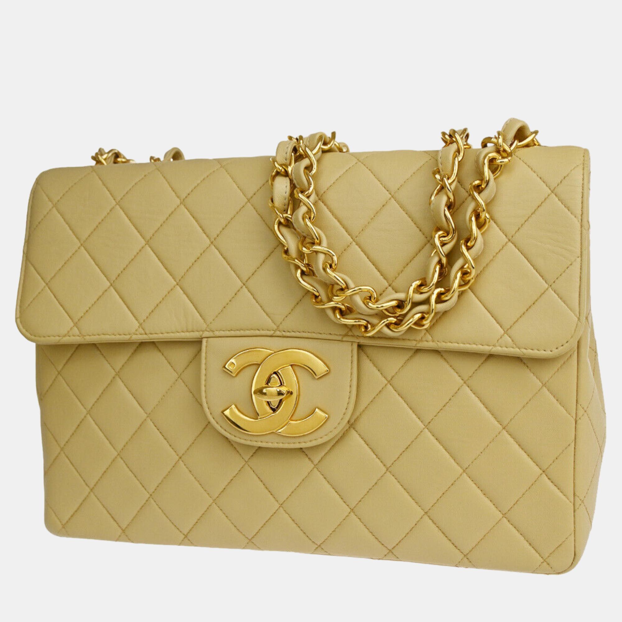

Chanel Beige Lambskin Leather  Classic Single Flap Shoulder Bags
