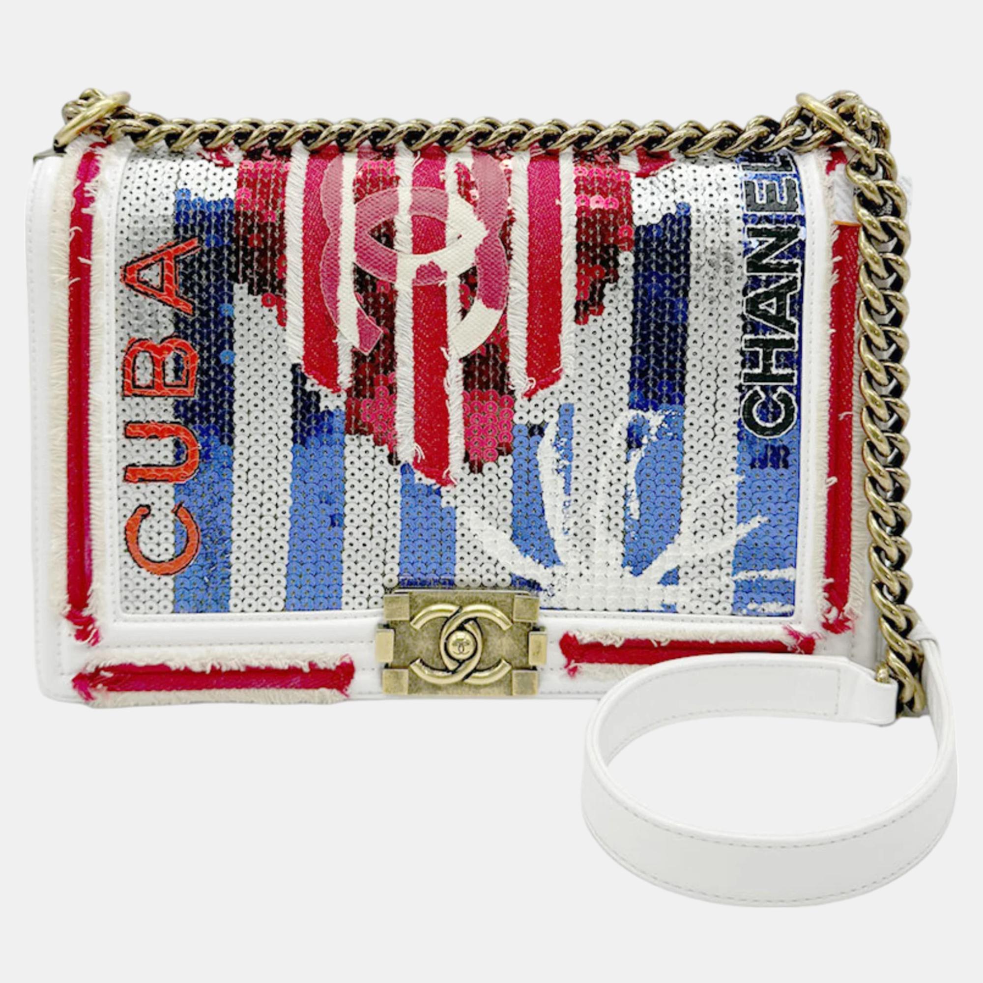 

CHANEL White/Red In Cuba Large Boy Shoulder Bag, Multicolor