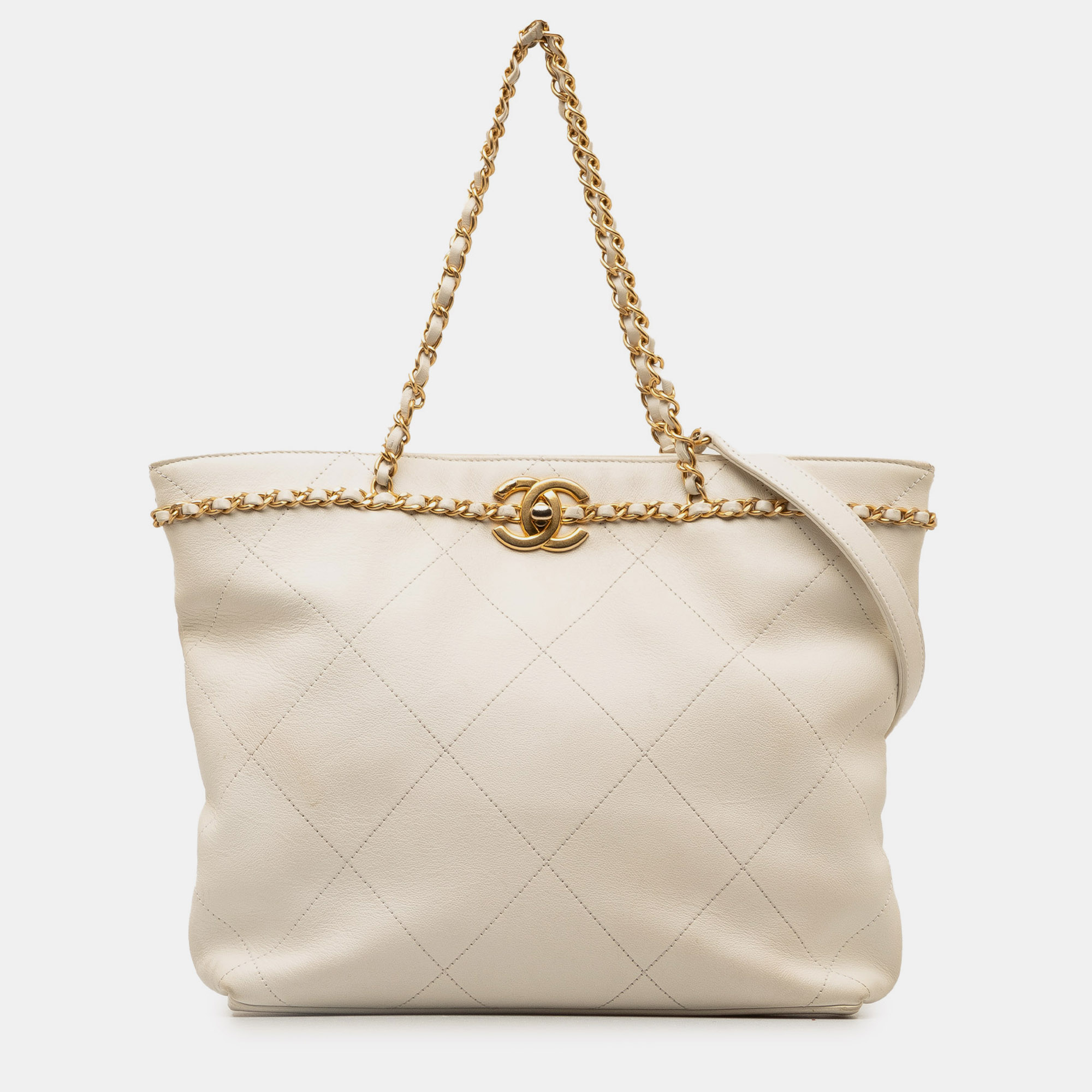 

Chanel Quilted Calfskin CC Lock Chain Shopping Tote, White