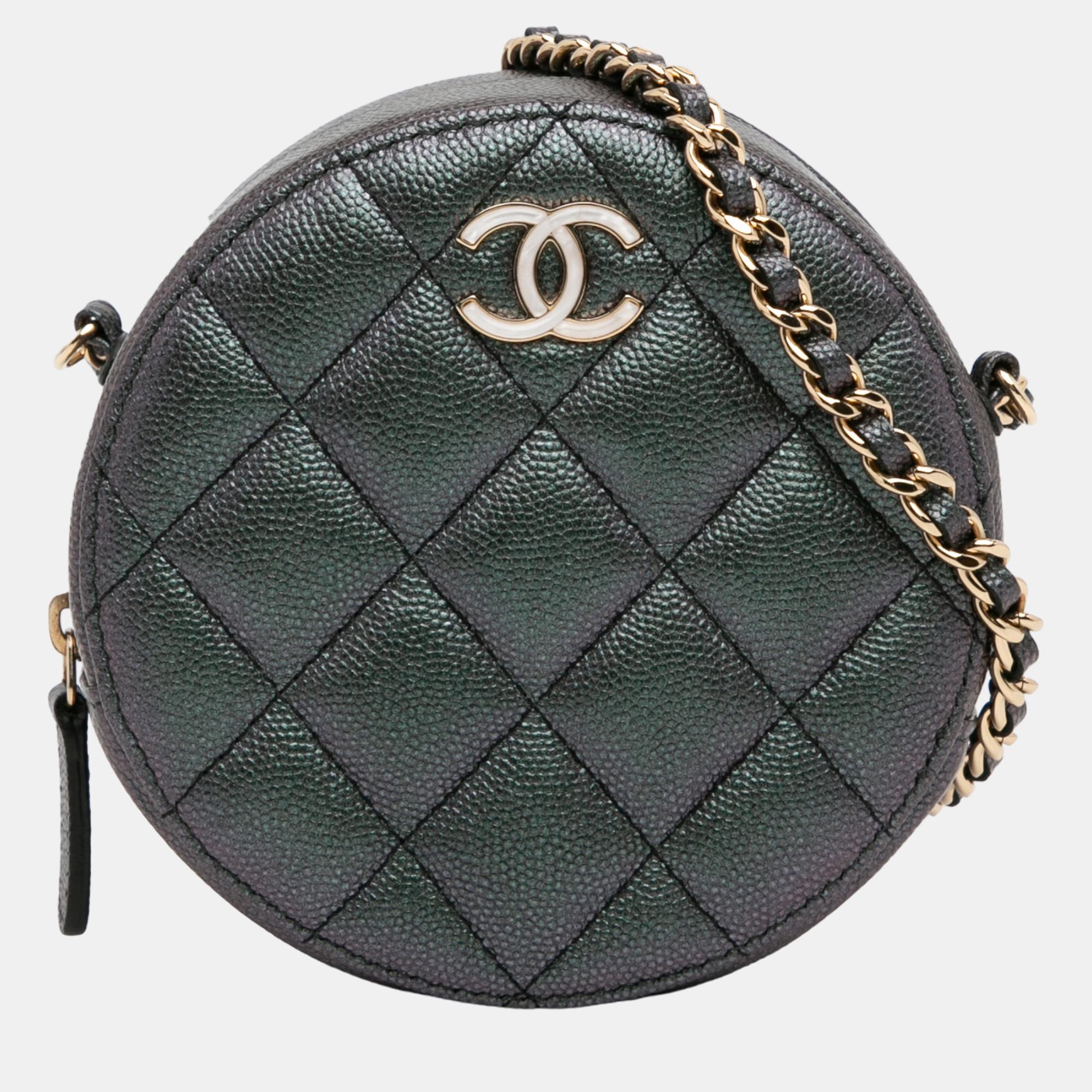 

Chanel Black Quilted Iridescent Caviar Round Clutch With Chain