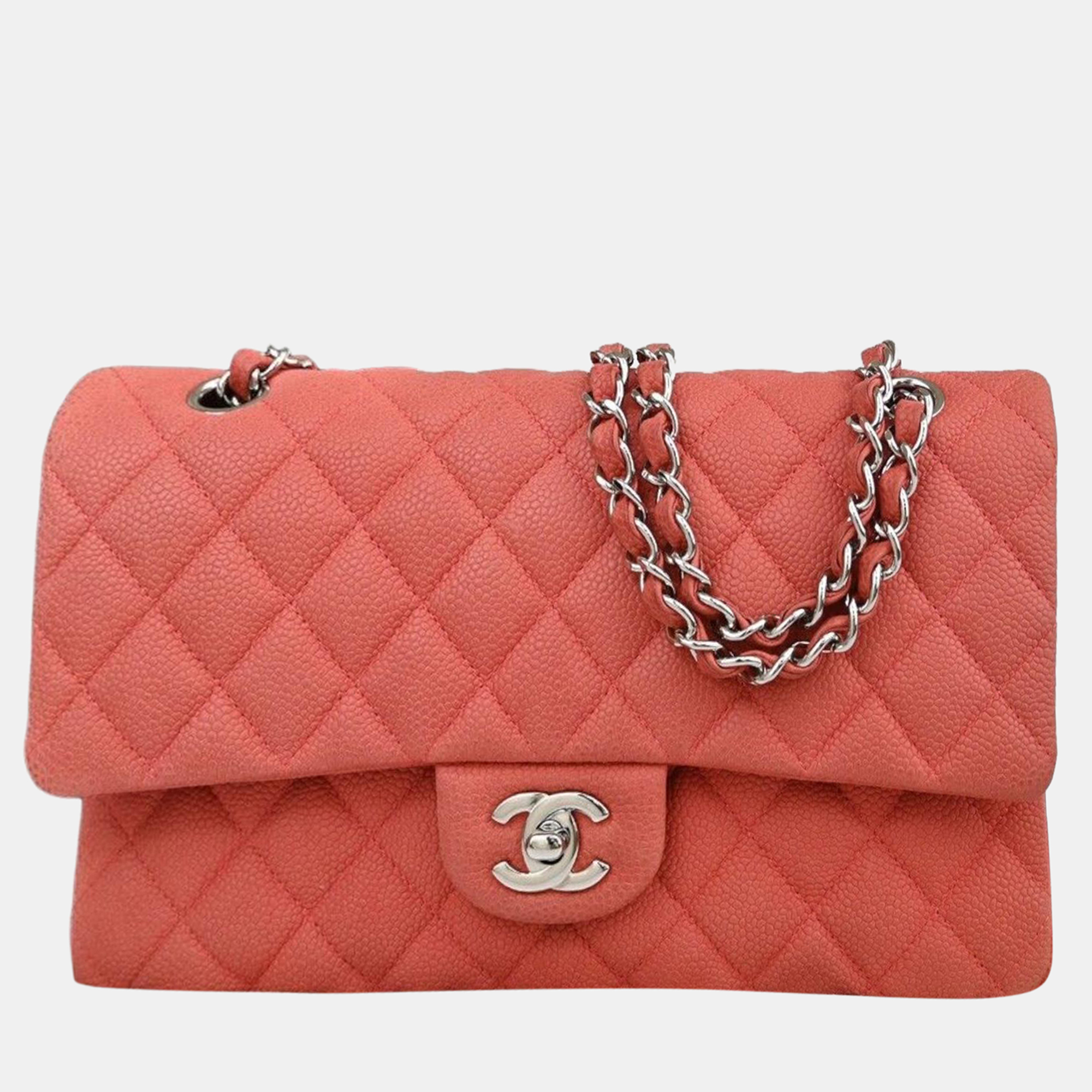 

Chanel Peach Caviar Leather  Classic Double Flap Shoulder Bag, Pink