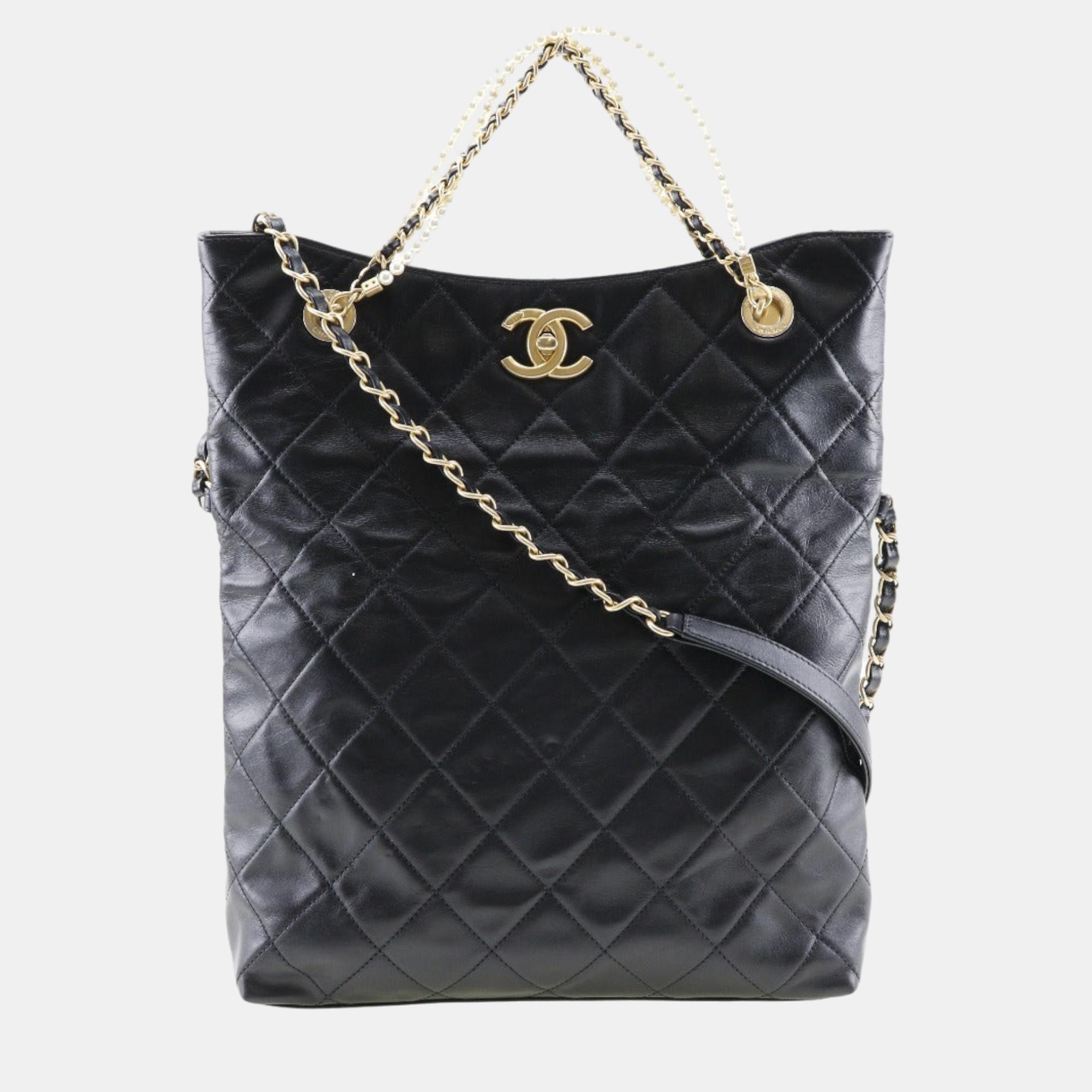 Pre-owned Chanel Black Calfskin Quilted Large Retro Chain Tote