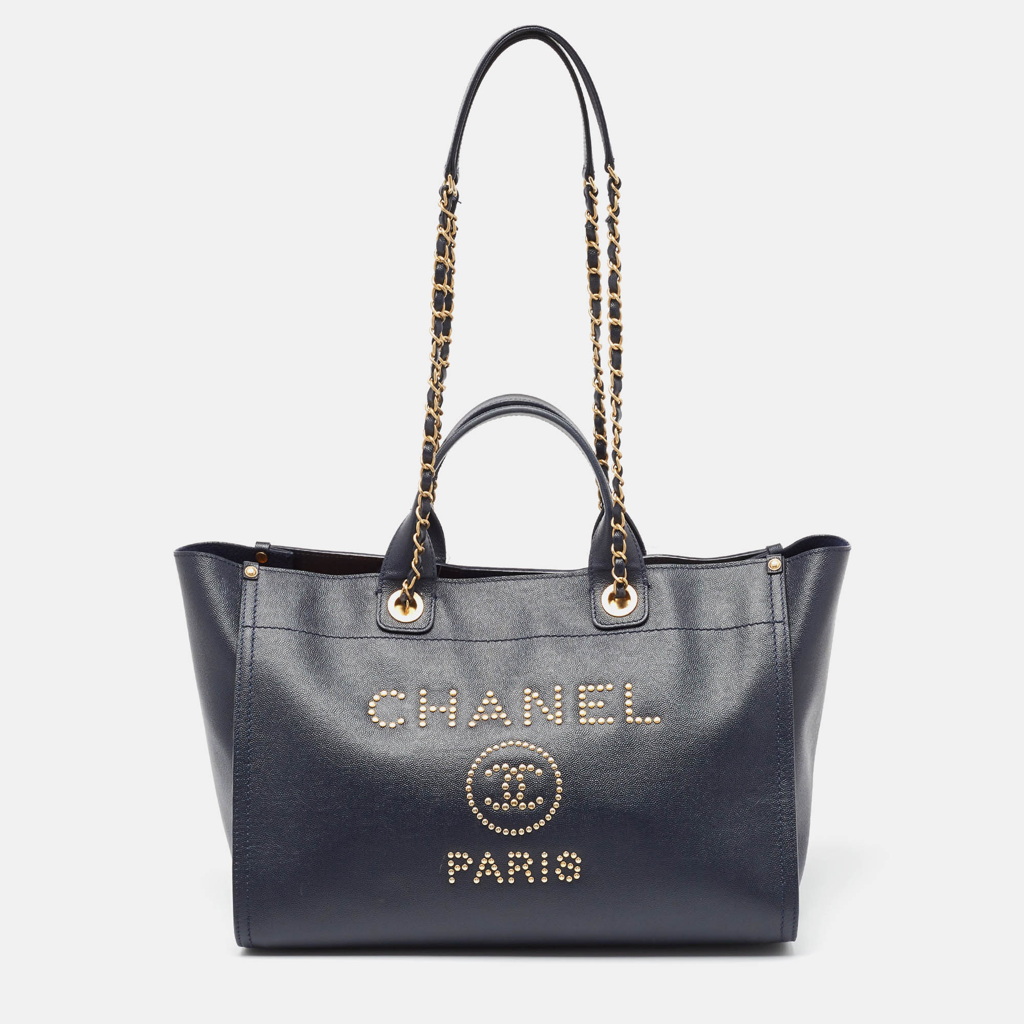 

Chanel Dark Blue Leather  Studded Logo Deauville Shopper Tote