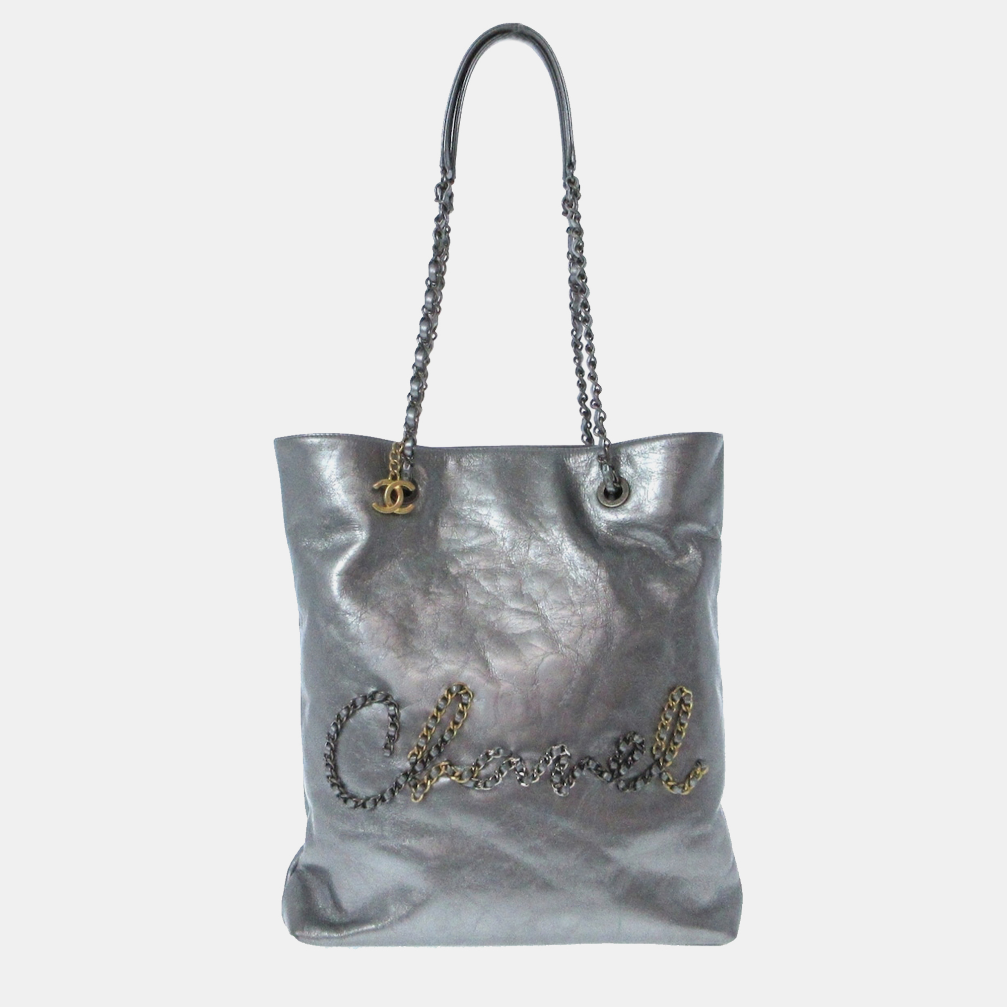 

Chanel Written In Chain Metallic Tote, Silver