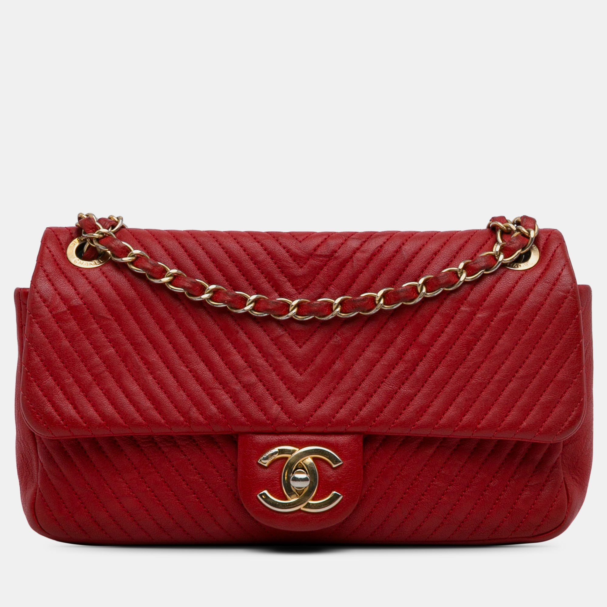 

Chanel Medium Wrinkled Calfskin Quilted Chevron Medallion Charm Surpique Flap, Red