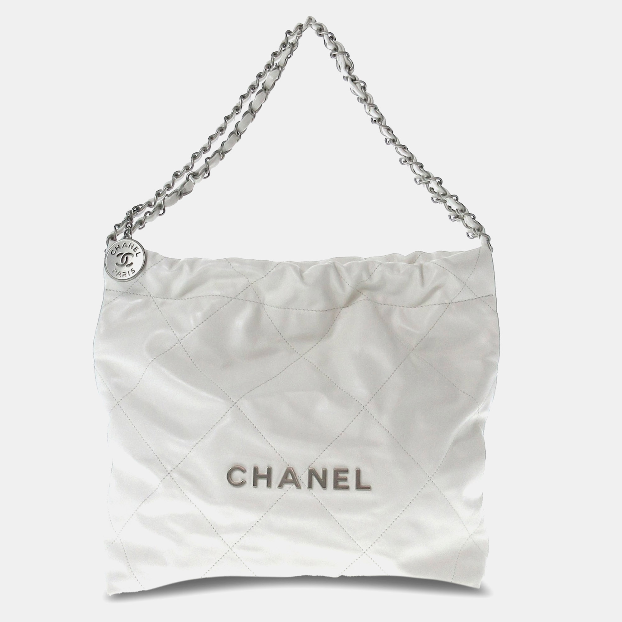 Pre-owned Chanel Small 22 Quilted Shiny Calfskin Tote In White
