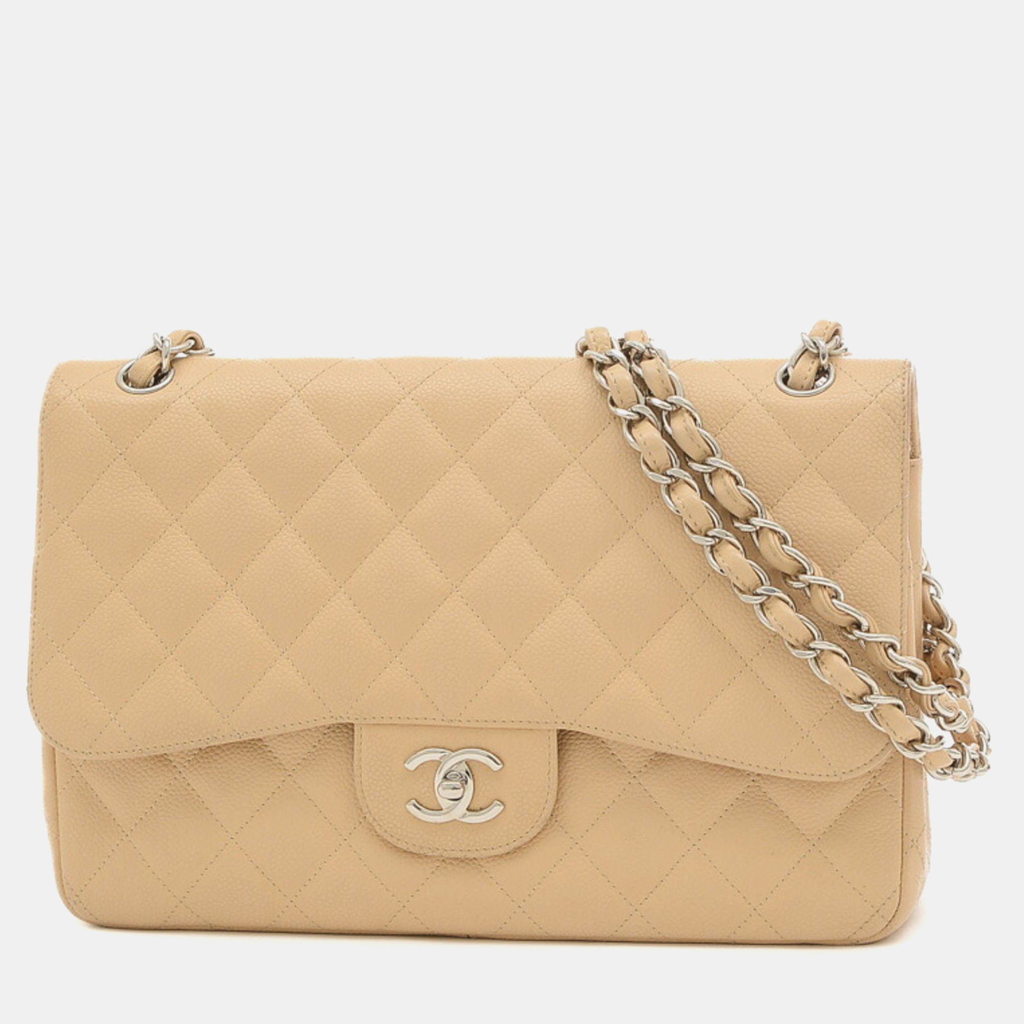 Pre-owned Chanel Beige Caviar Leather Jumbo Classic Double Flap Bag