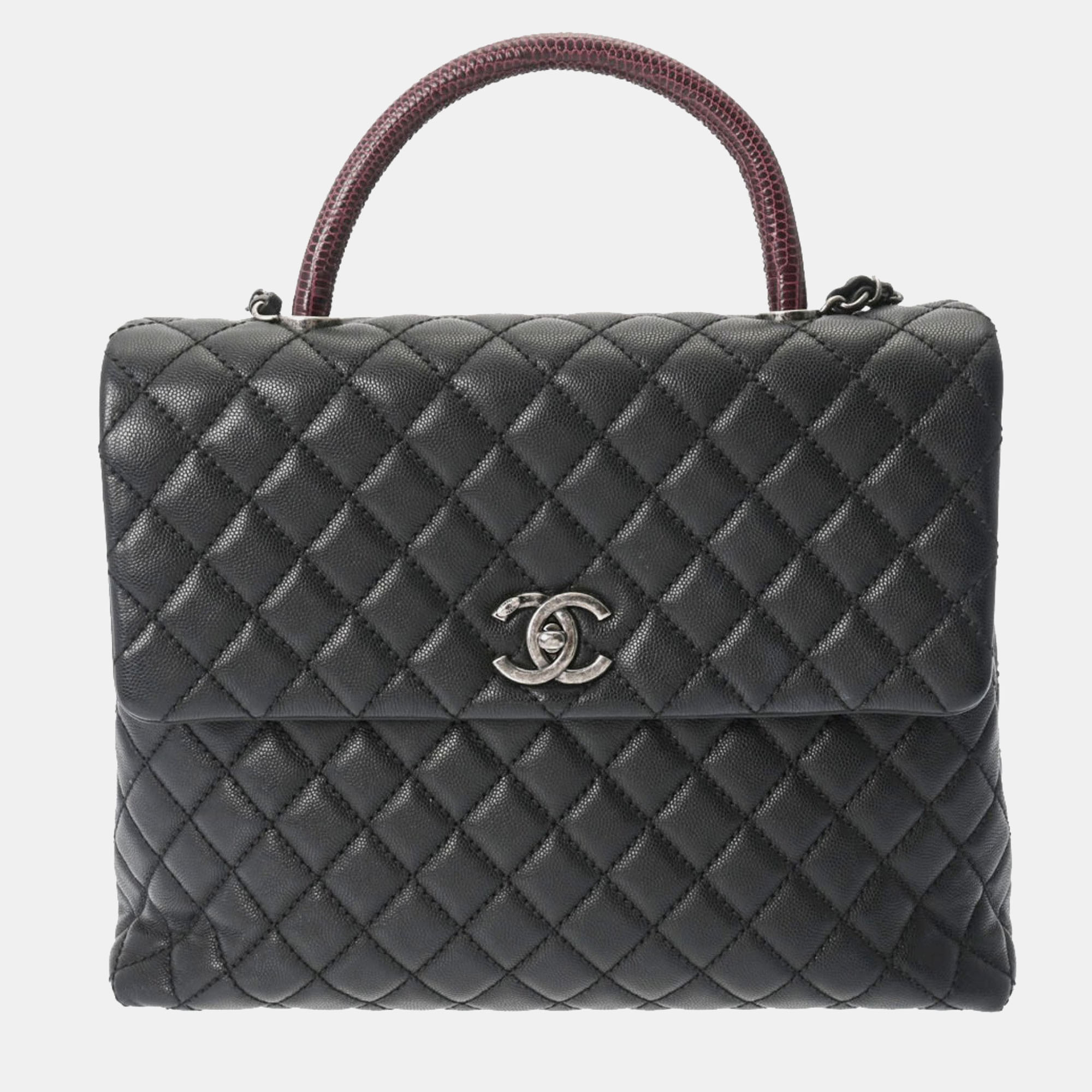 

Chanel Navy Blue Caviar Leather Lizard-Trimmed Medium Coco Top Handle Bag, Black