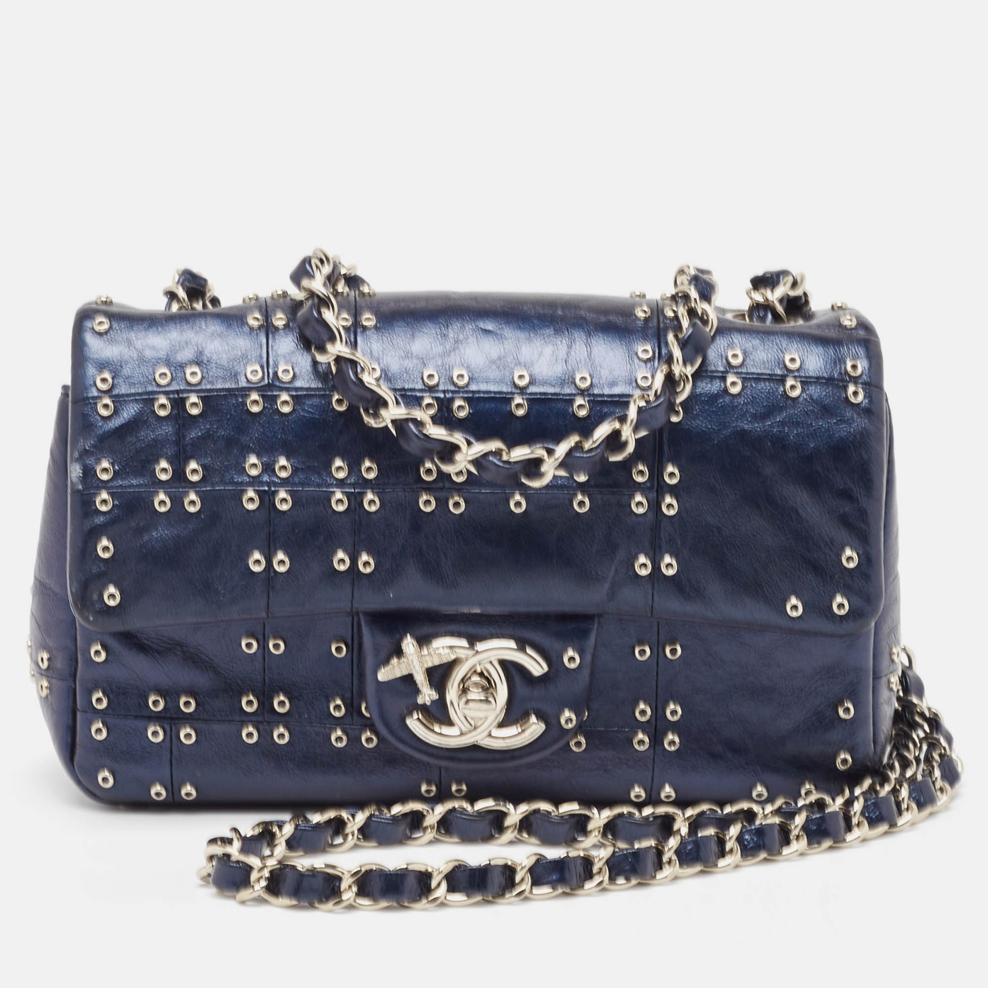 

Chanel Metallic Navy Blue Grommet Leather Mini Airline Single Flap Bag