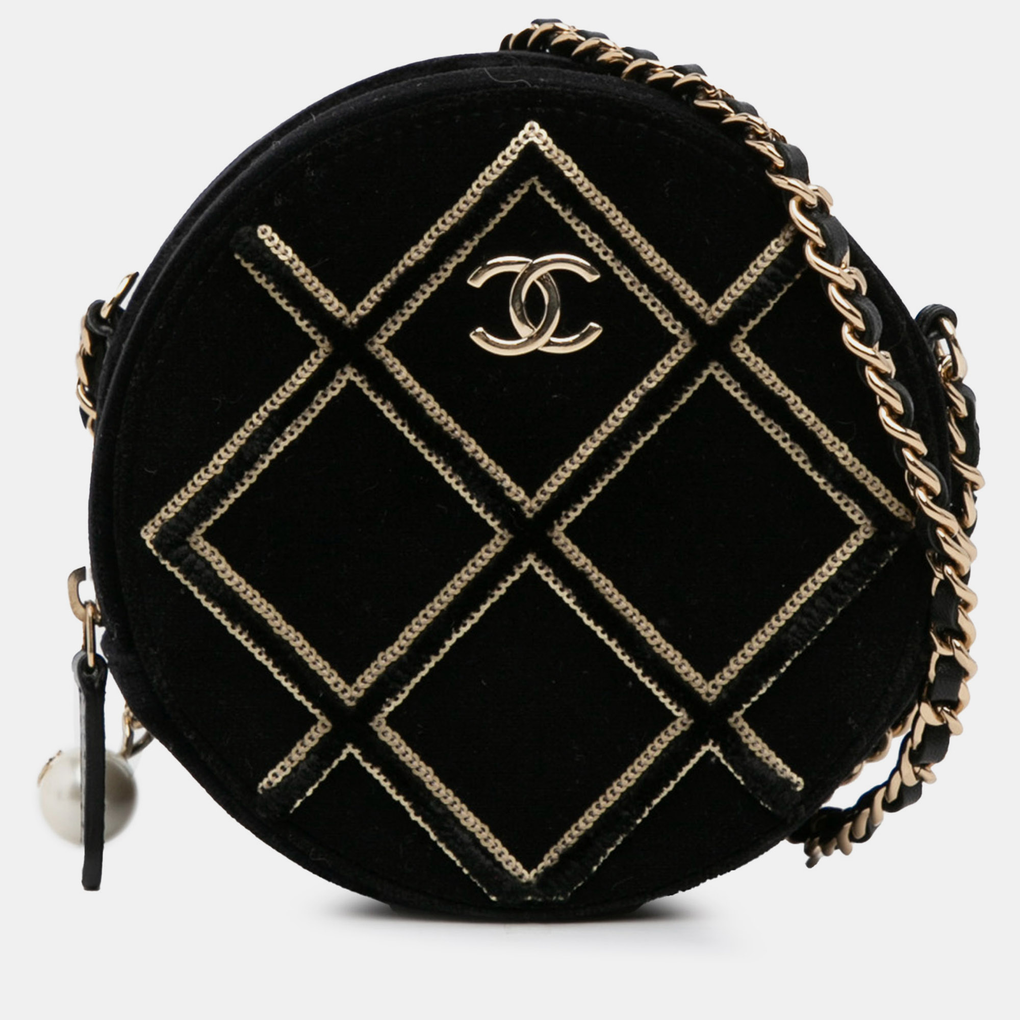 Pre-owned Chanel Velvet Pearl Sequin Round Crossbody In Black