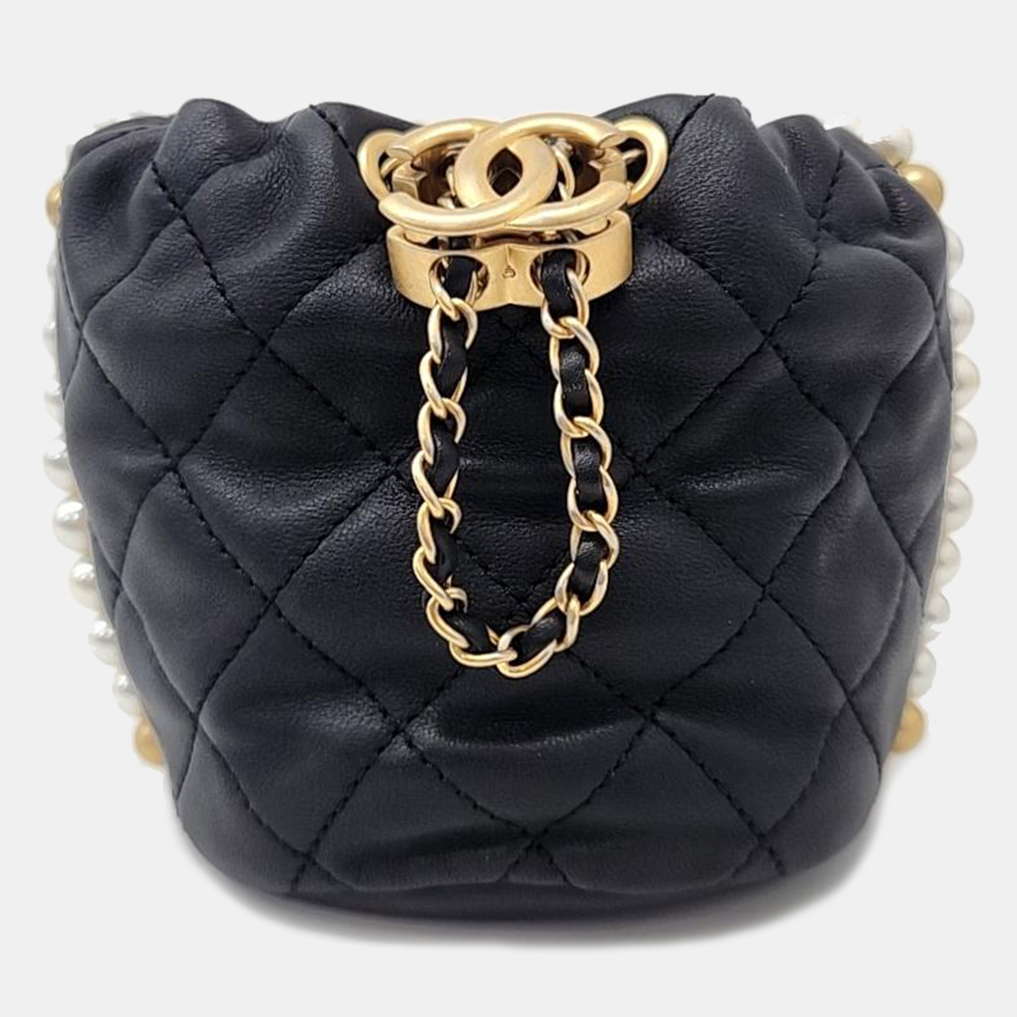 

Chanel Black Leather Mini About Pearls Drawstring Bucket Bag