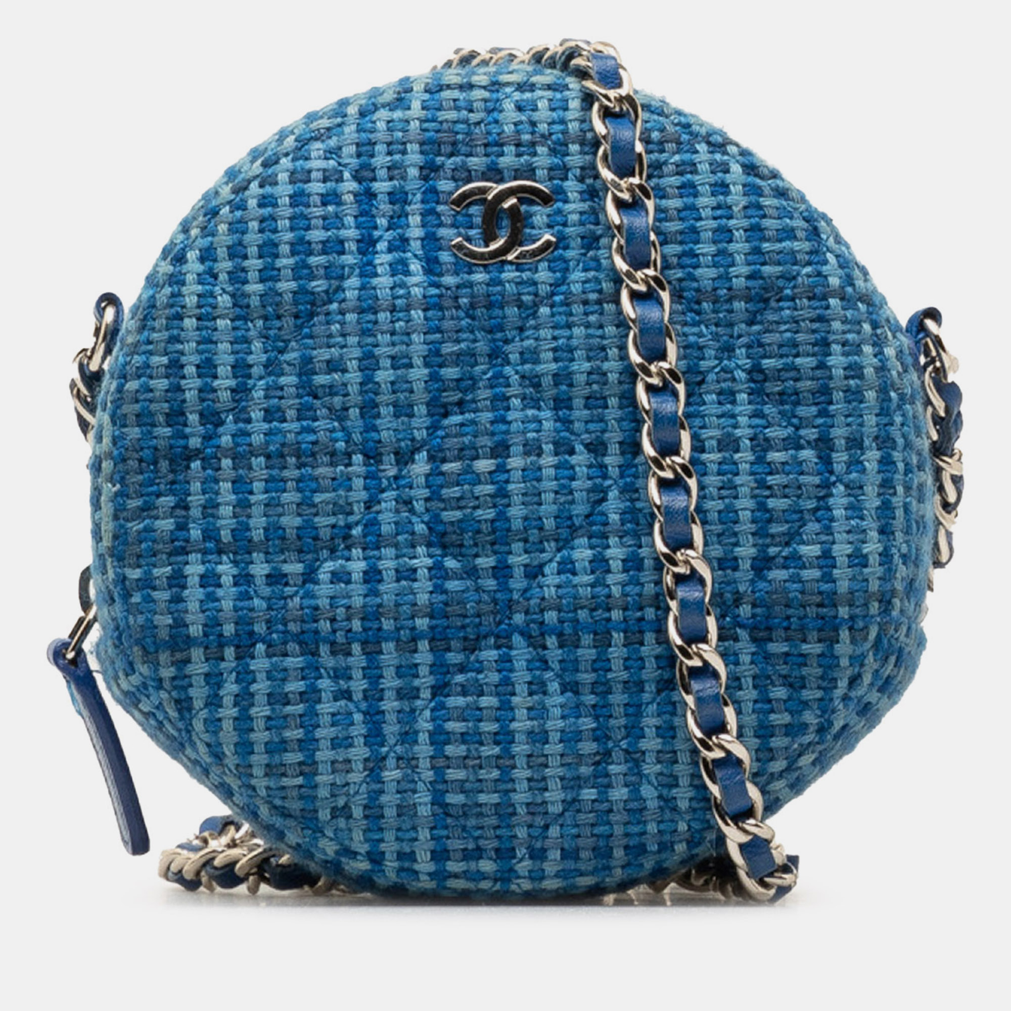 

Chanel Quilted Tweed Round Clutch With Chain, Blue
