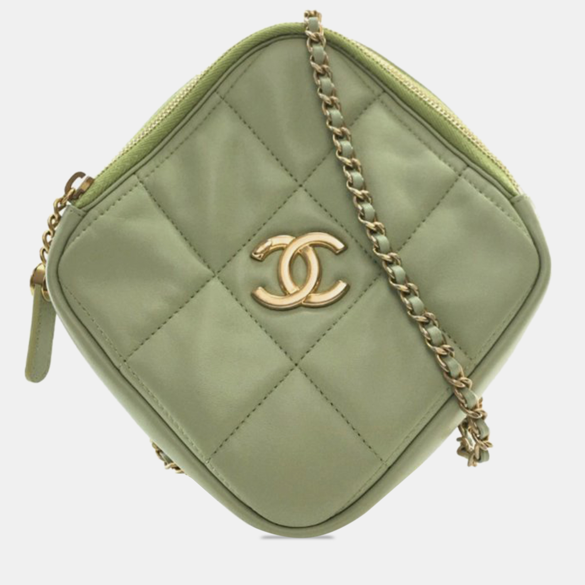 Pre-owned Chanel Cc Lambskin Diamond Clutch With Chain In Green