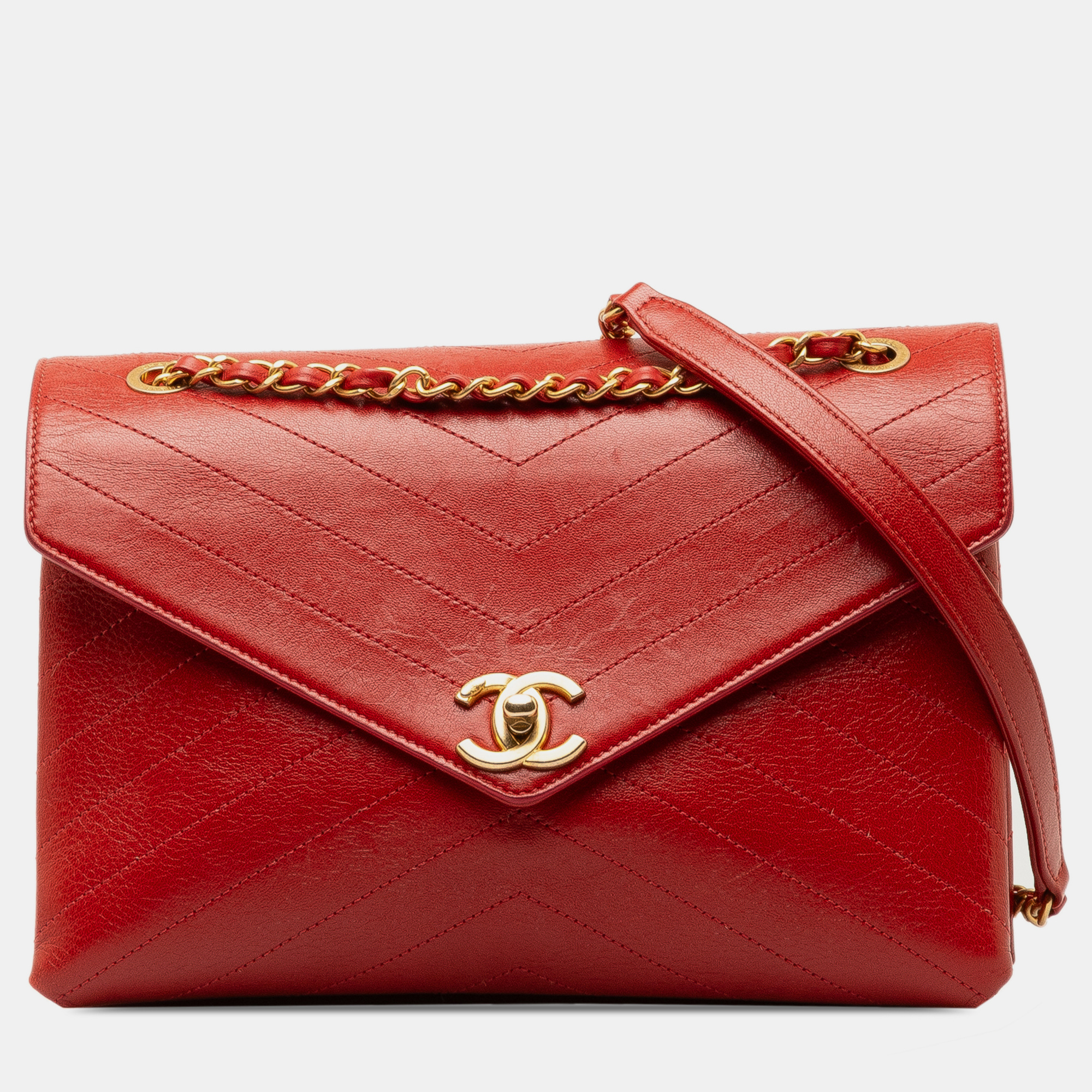 

Chanel Medium CC Chevron Lambskin Envelope Flap Bag, Red