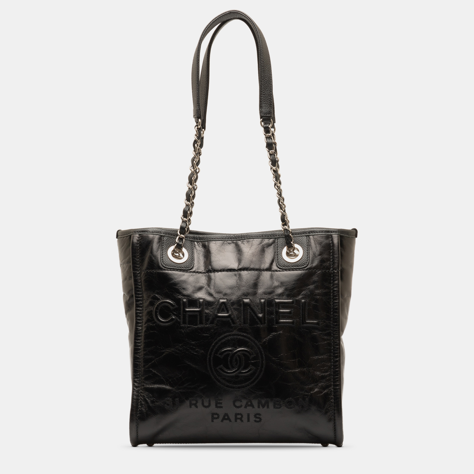 Pre-owned Chanel Small Glazed Calfskin Deauville Tote In Black