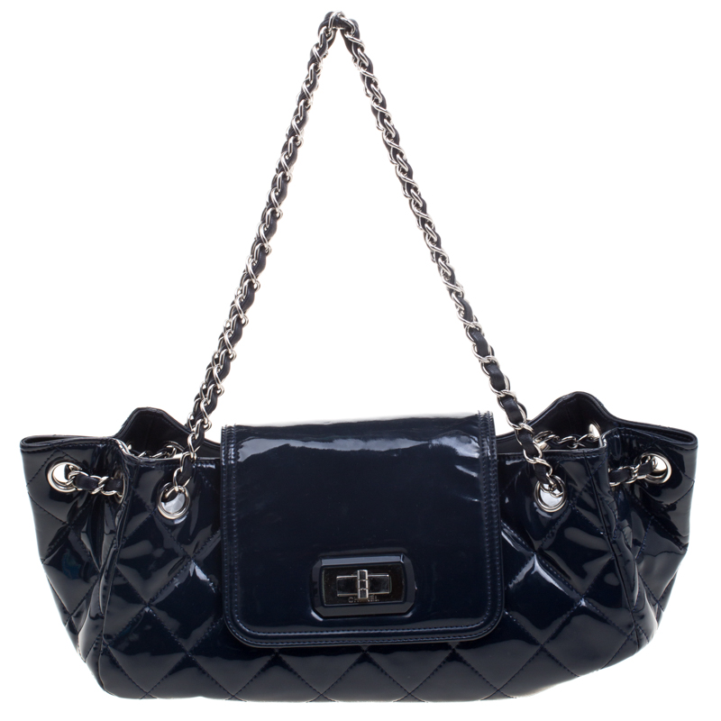 Pre Owned Chanel Navy Blue Quilted Patent Leather Reissue Accordion Flap Bag