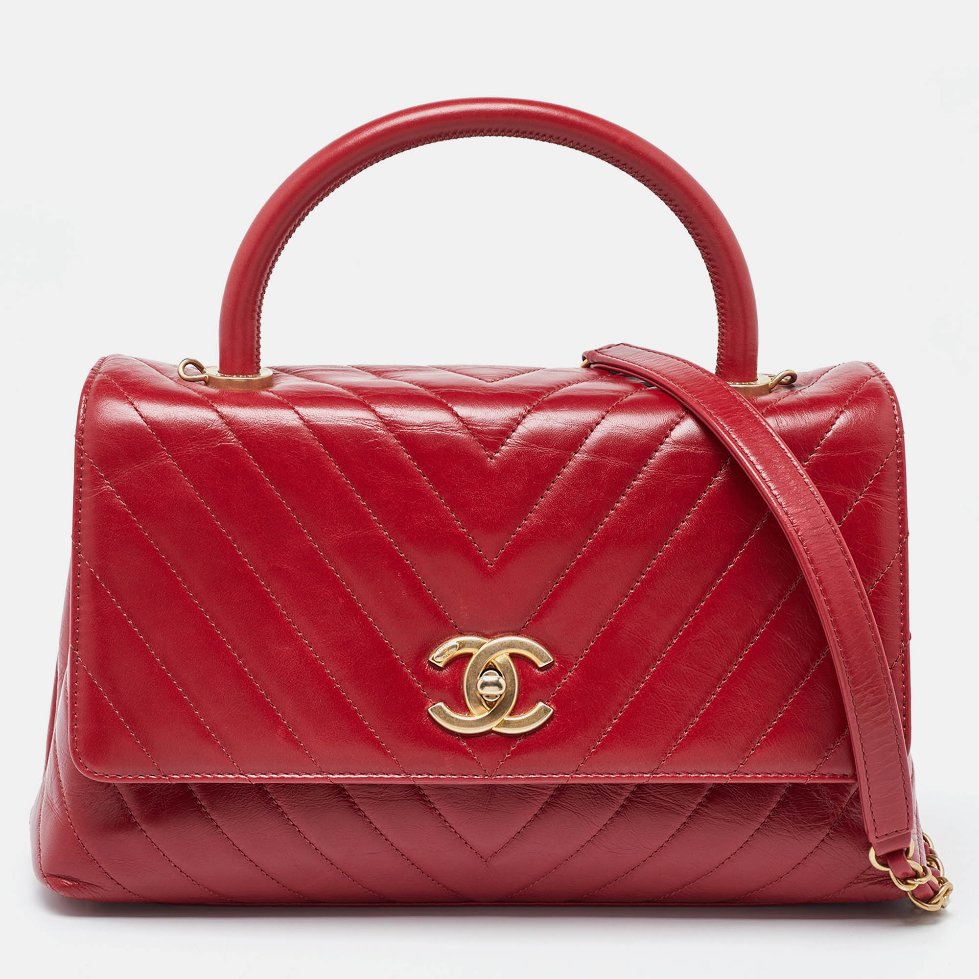 

Chanel Red Chevron Quilted Leather  Coco Top Handle Bag