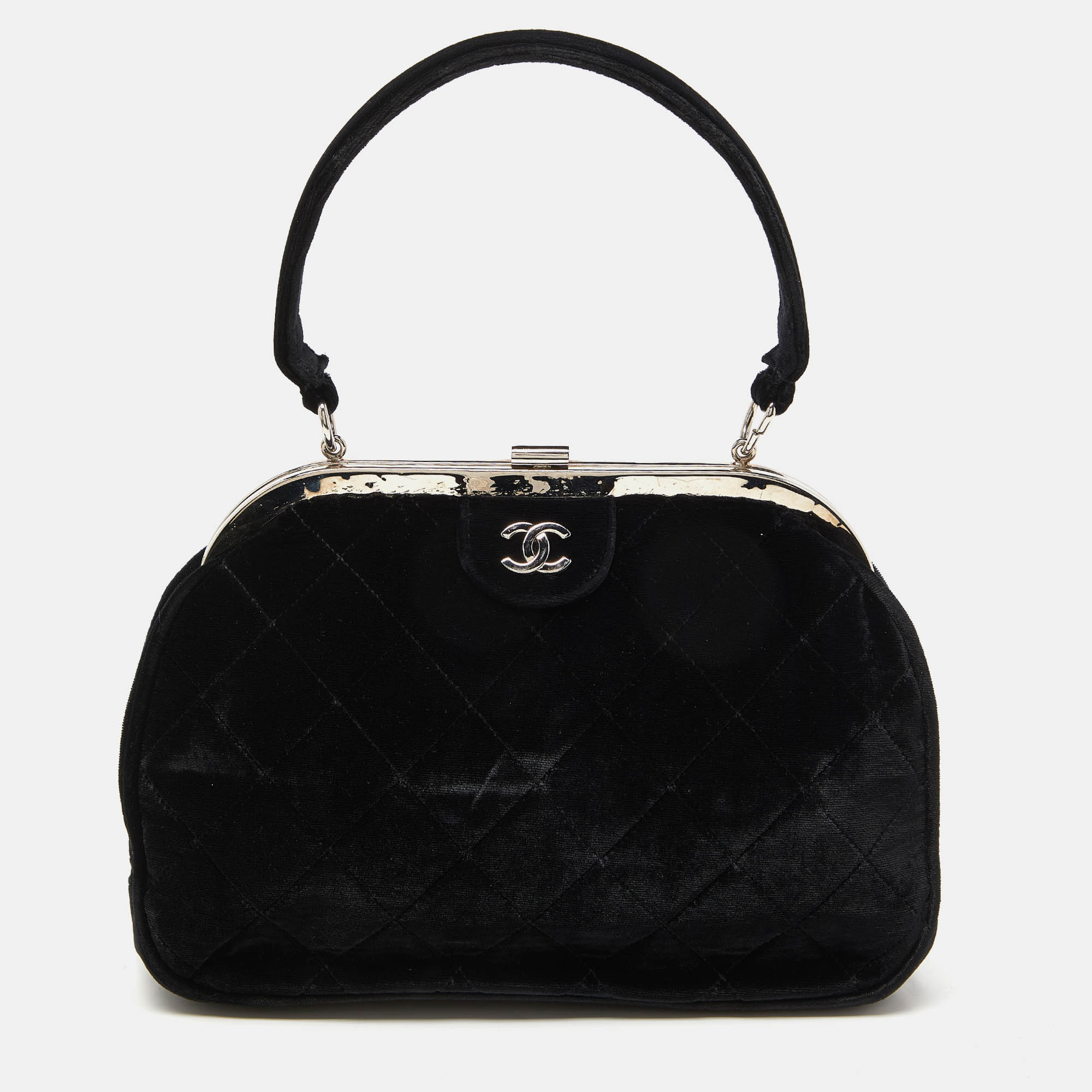Pre-owned Chanel Black Quilted Velvet Cc Frame Top Handle Bag