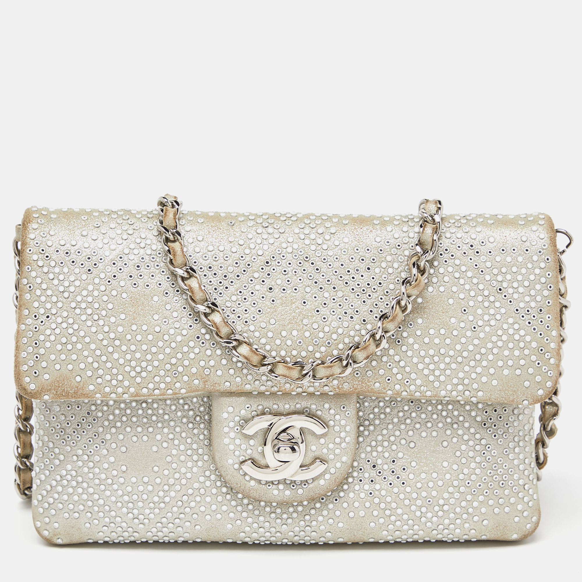 

Chanel Light Grey Quilted Suede Beaded Mineral Nights Bag