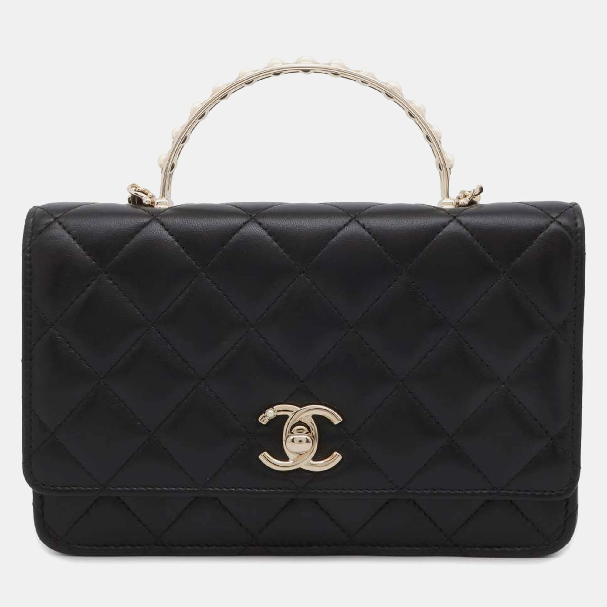 

Chanel Black Leather Pearl Top Handle Bag