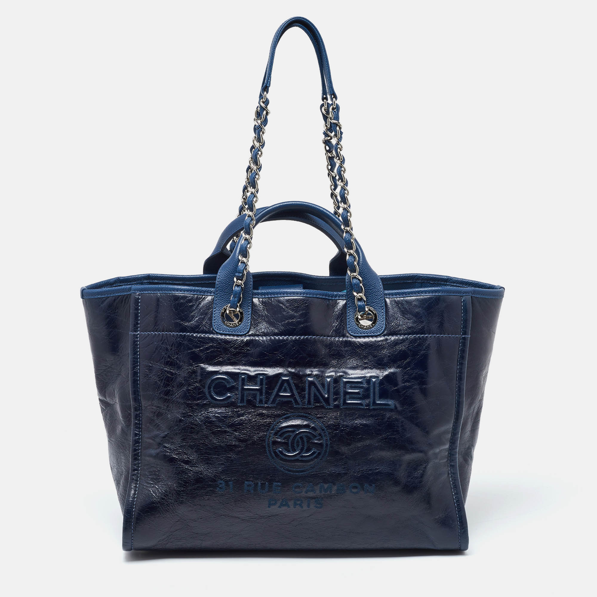 Pre-owned Chanel Navy Blue Leather Large Deauville Tote