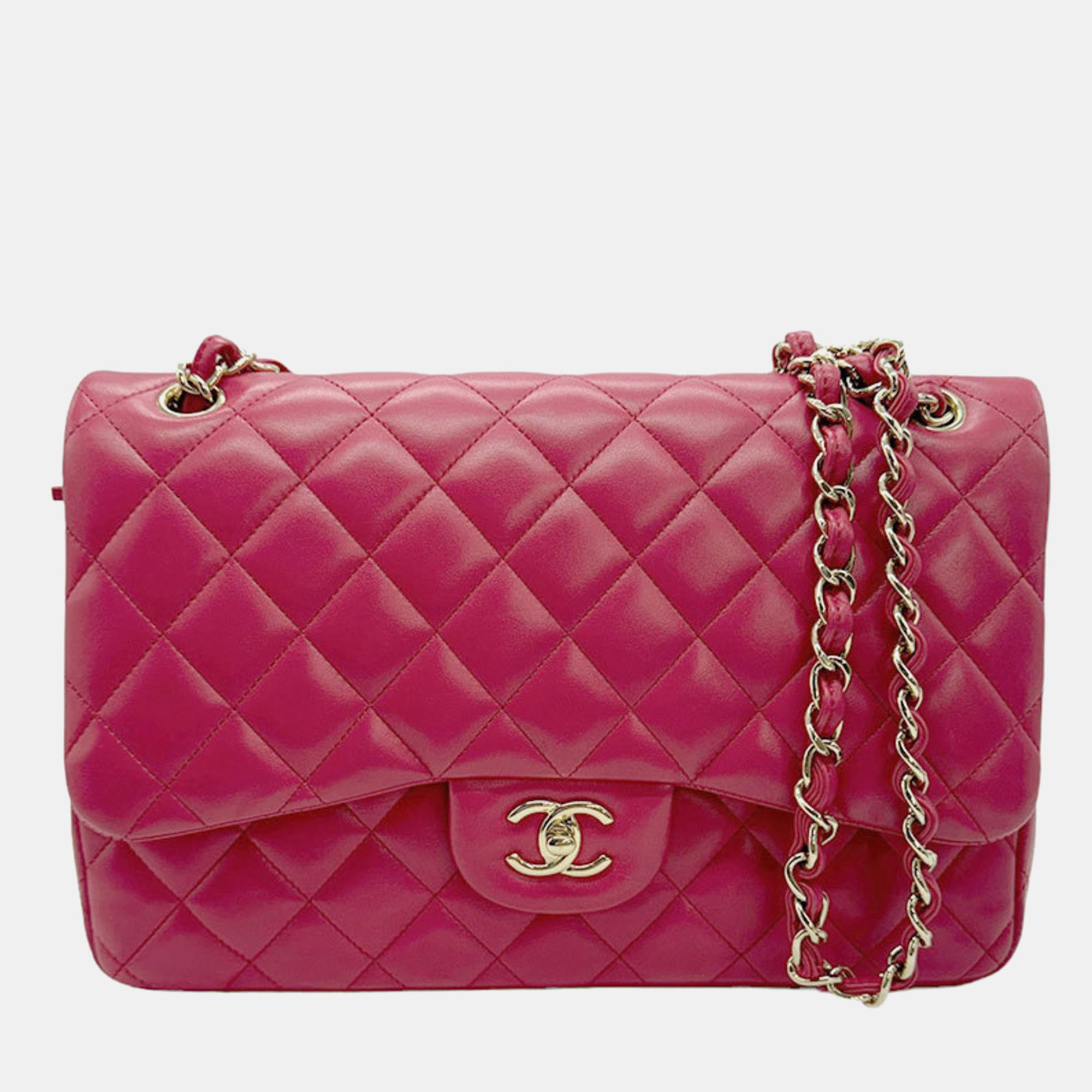 

Chanel Pink Lambskin Leather Large Classic Double Flap Shoulder Bag