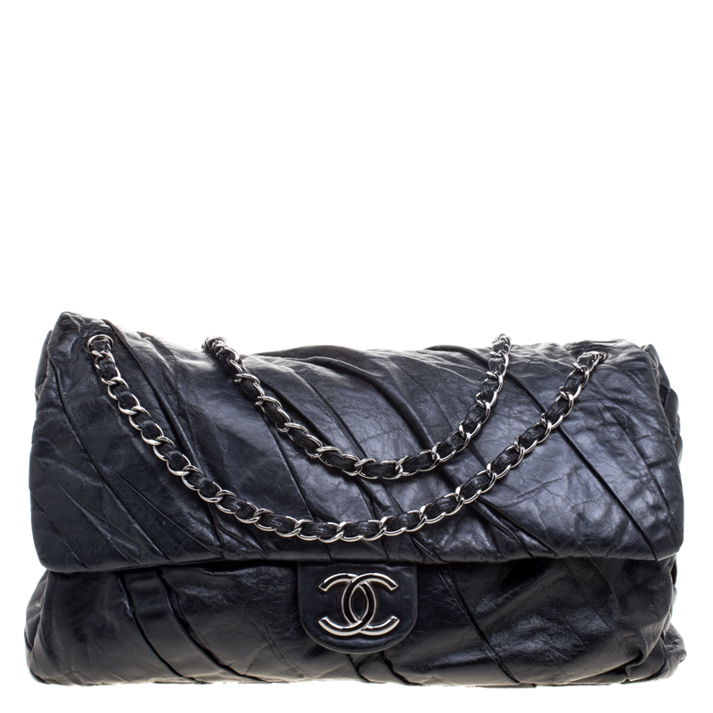 Chanel Black Pleated Leather Oversized Classic Flap Bag