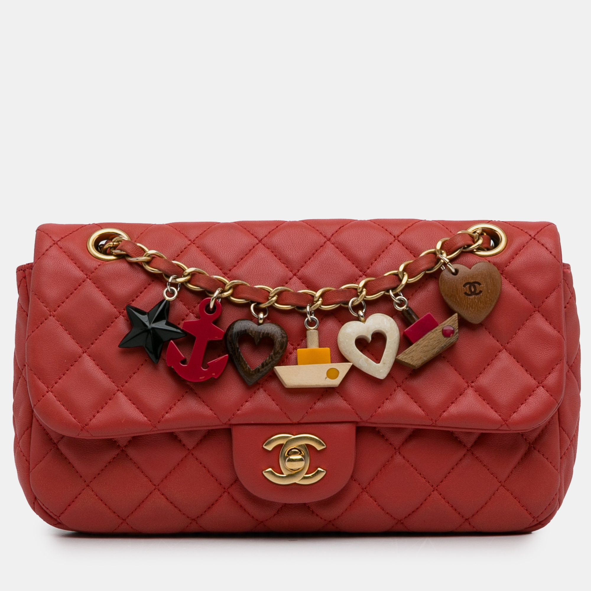 Pre-owned Chanel Medium Cruise Charm Lambskin Single Flap Bag In Red