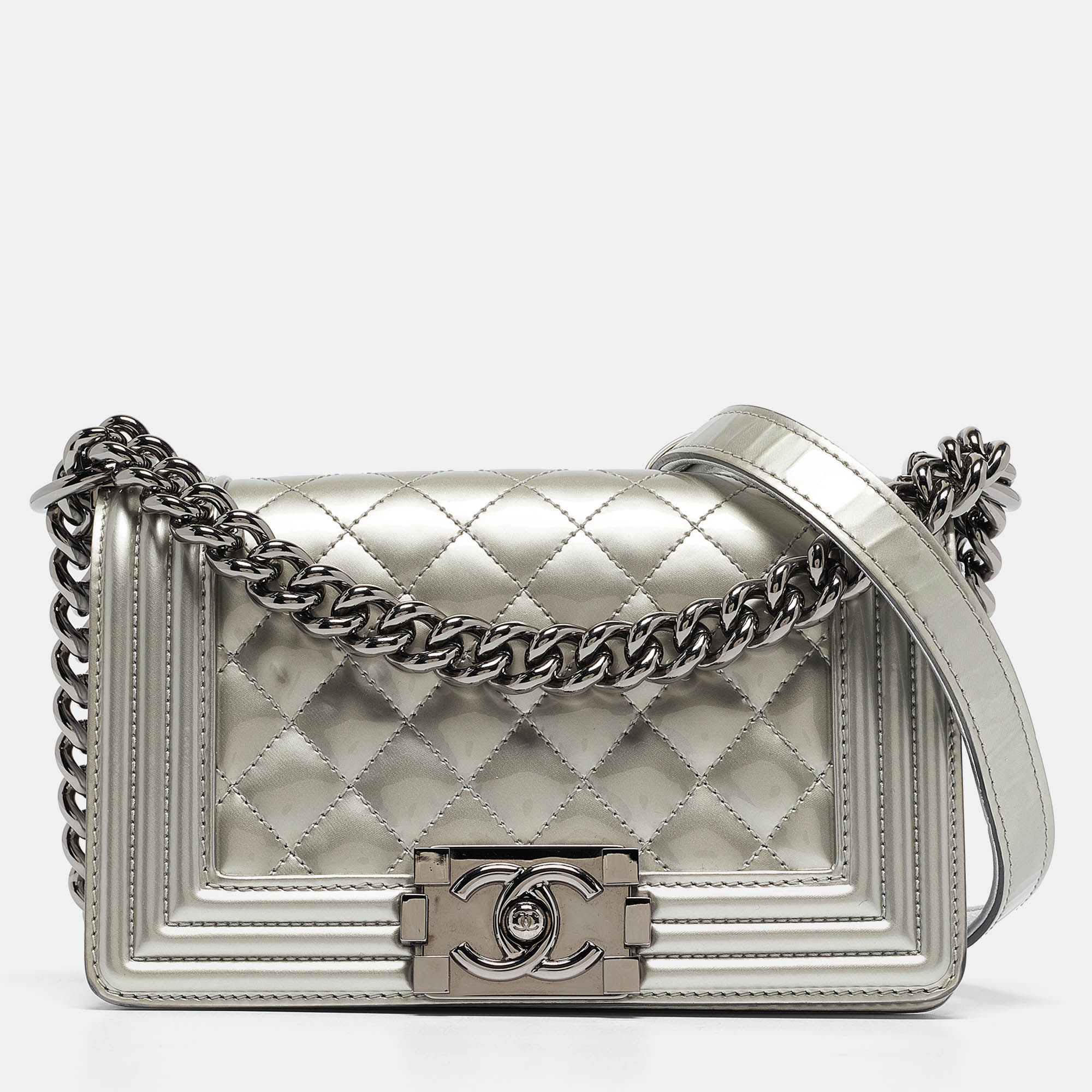 

Chanel Grey Quilted Patent Leather  Boy Flap Bag