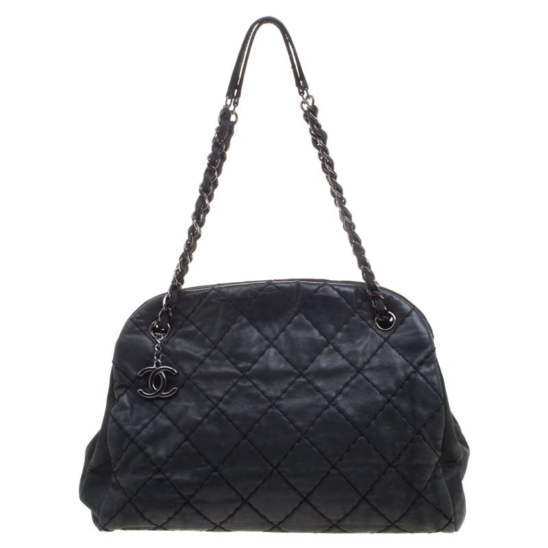 Pre Owned Chanel Black Quilted Iridescent Leather Just Mademoiselle Bowling Bag