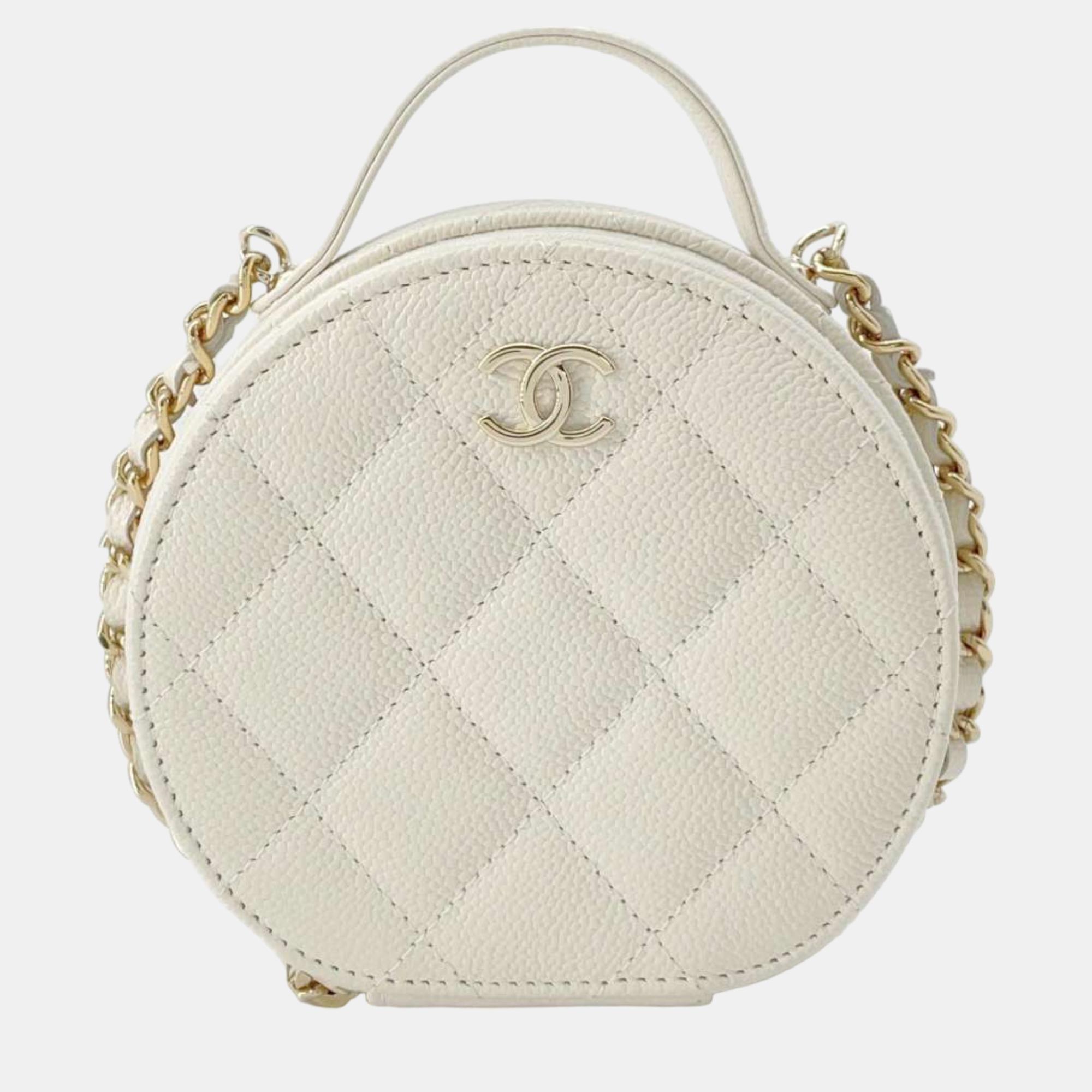 

Chanel White Cavira Leather Round Mini Vanity Case Shoulder Bag