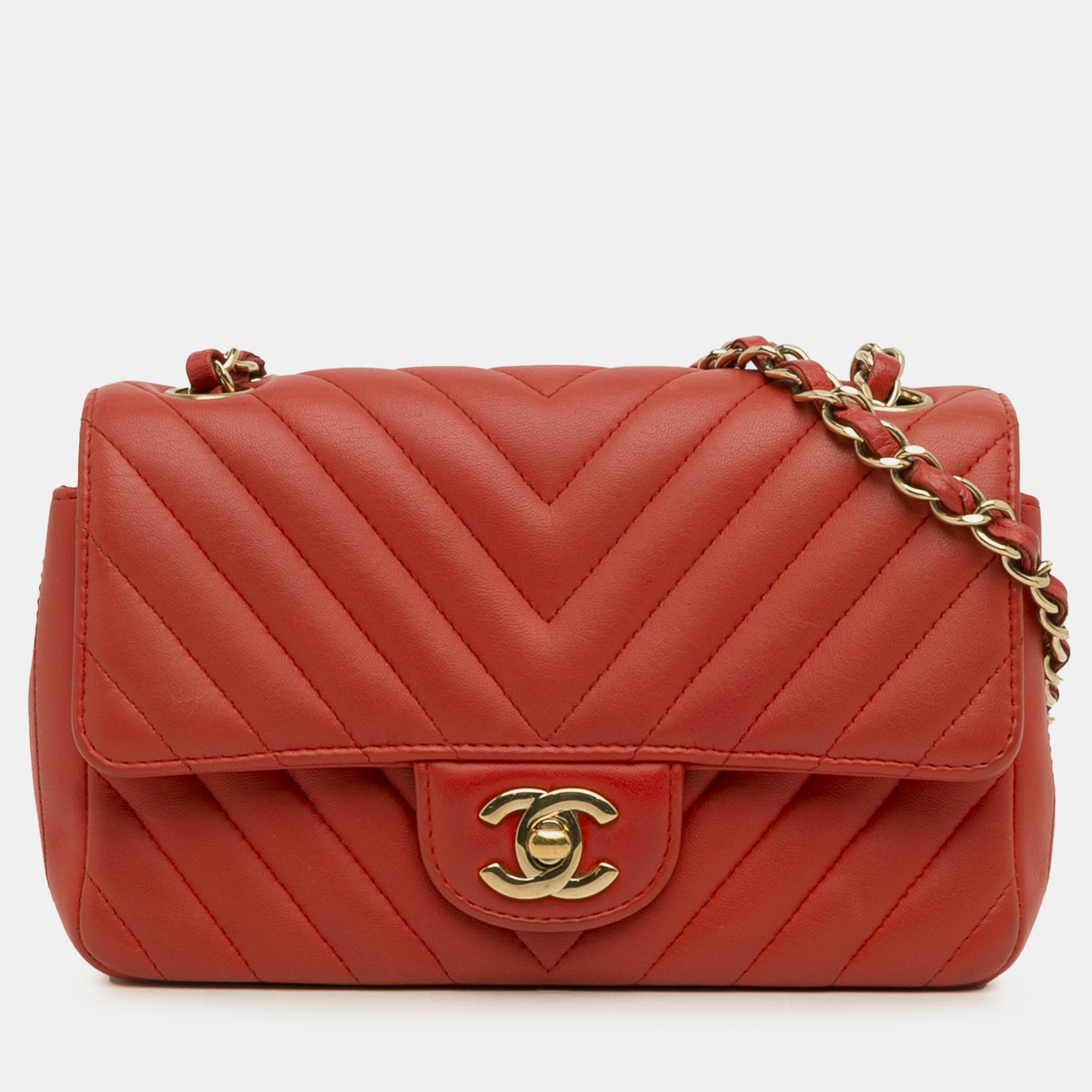 

Chanel Mini Chevron Quilted Lambskin Rectangular Flap Bag, Red