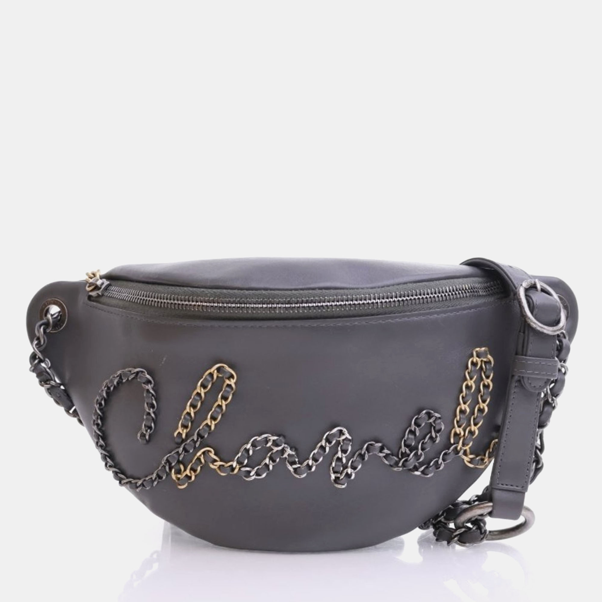 

Chanel Grey Calfskin Leather Three-tone Metal Chain Signe Waist Bag